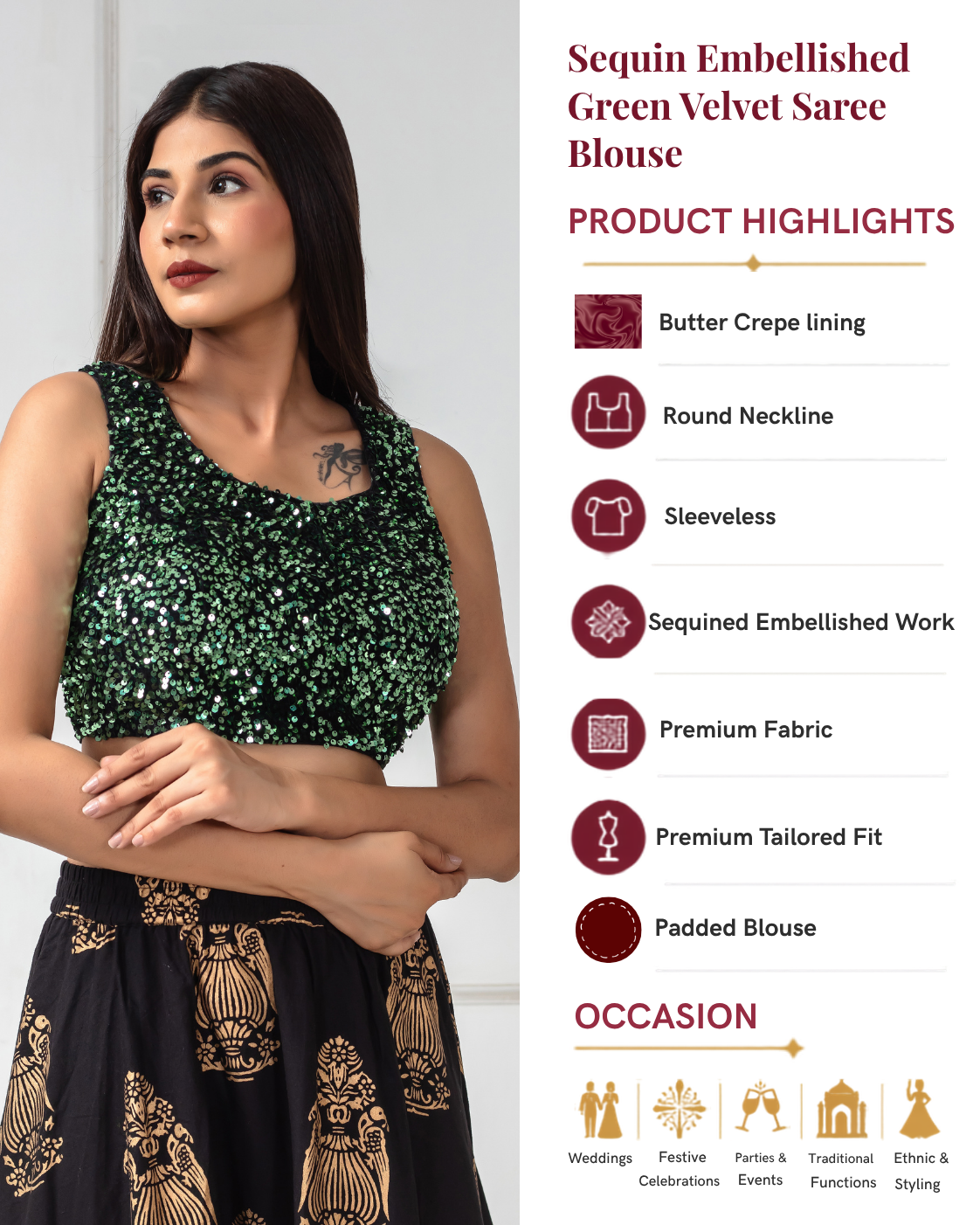 Sequined Velvet Sleeveless Saree Blouse