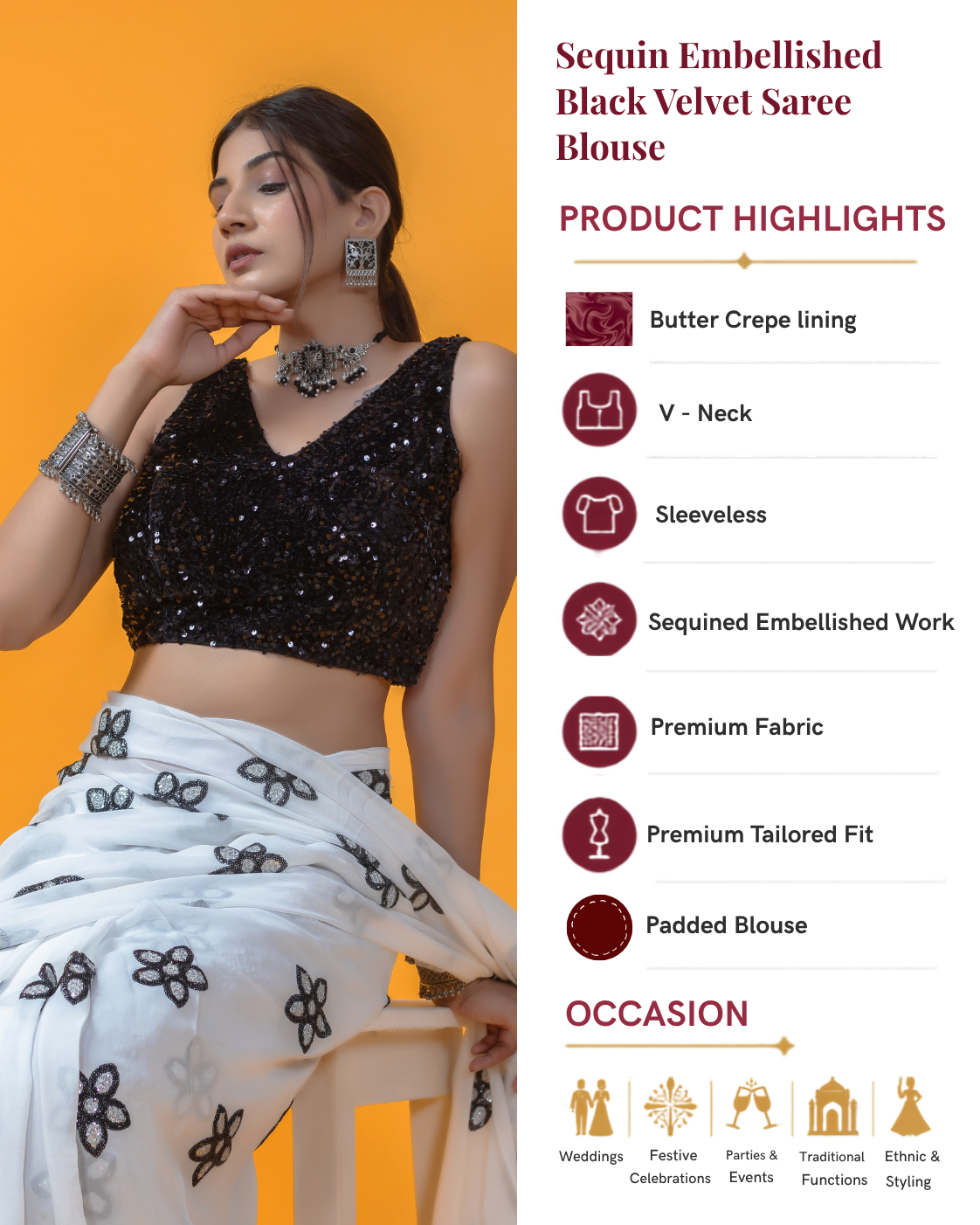 Sequined Velvet Sleeveless Saree Blouse
