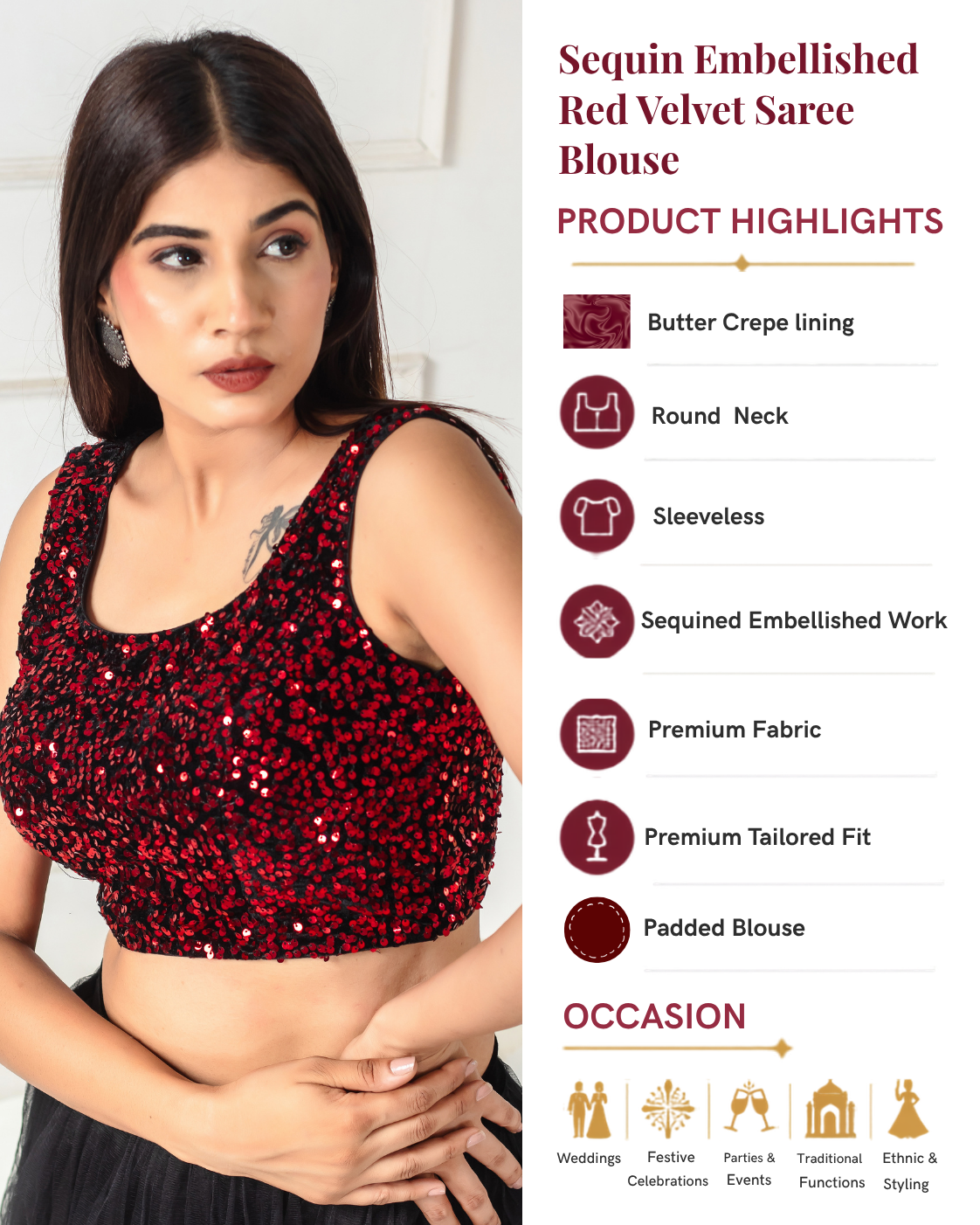 Sequin Embellished Red Velvet Saree Blouse