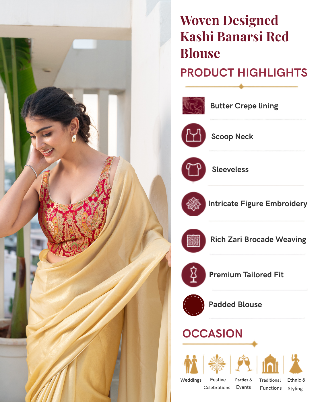 Woven Designed Kashi Banarsi Scoop Neck Padded Red Saree Blouse
