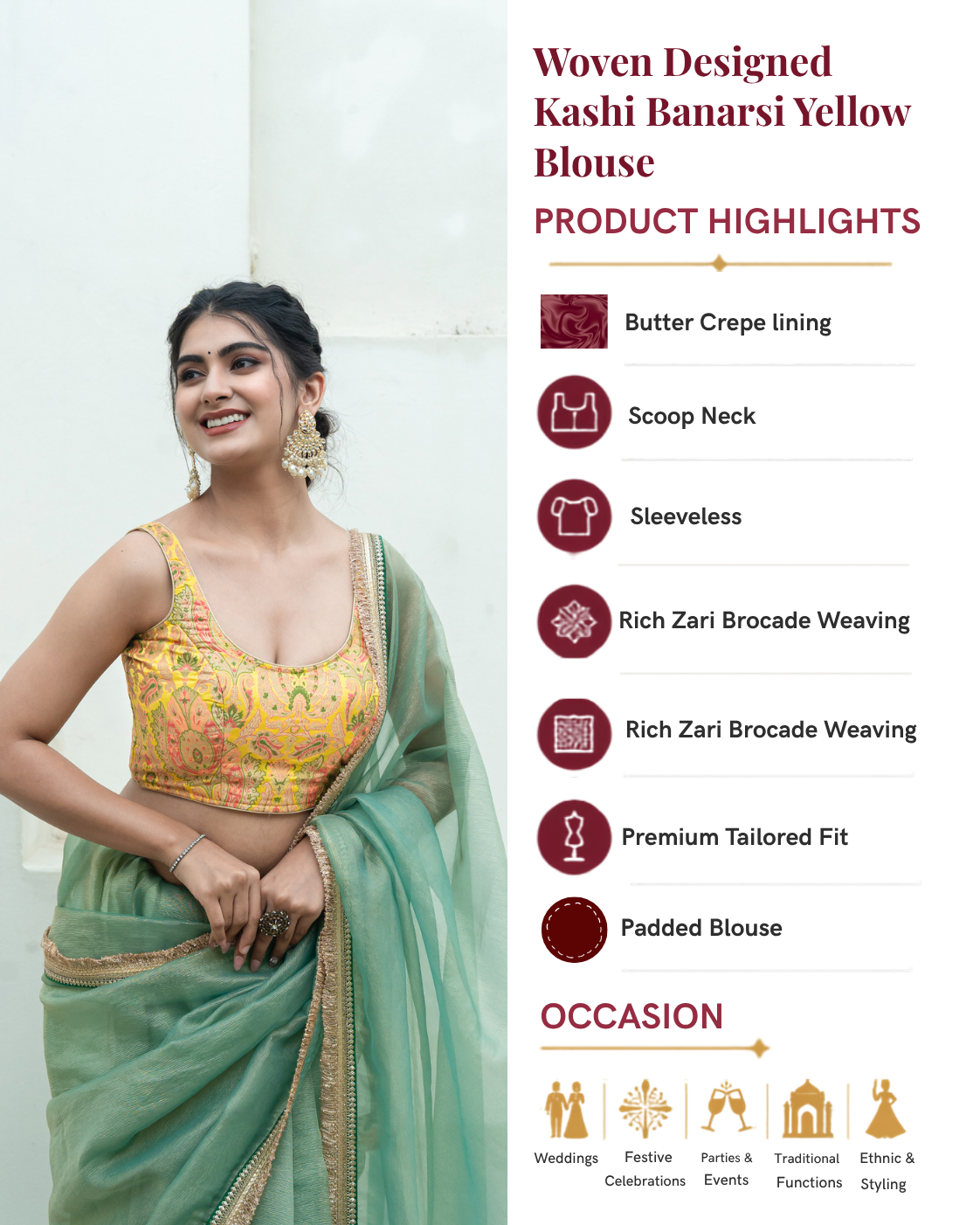 Woven Designed Kashi Banarsi Scoop Neck Padded Yellow Saree Blouse