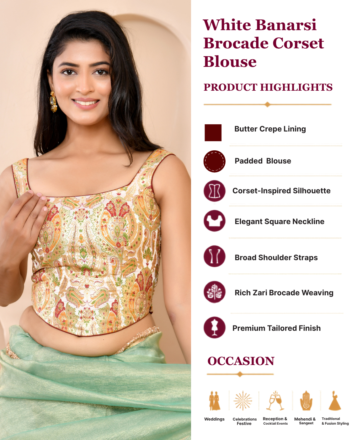 Woven Designed Kashi Banarsi Corset Style Padded White Saree Blouse