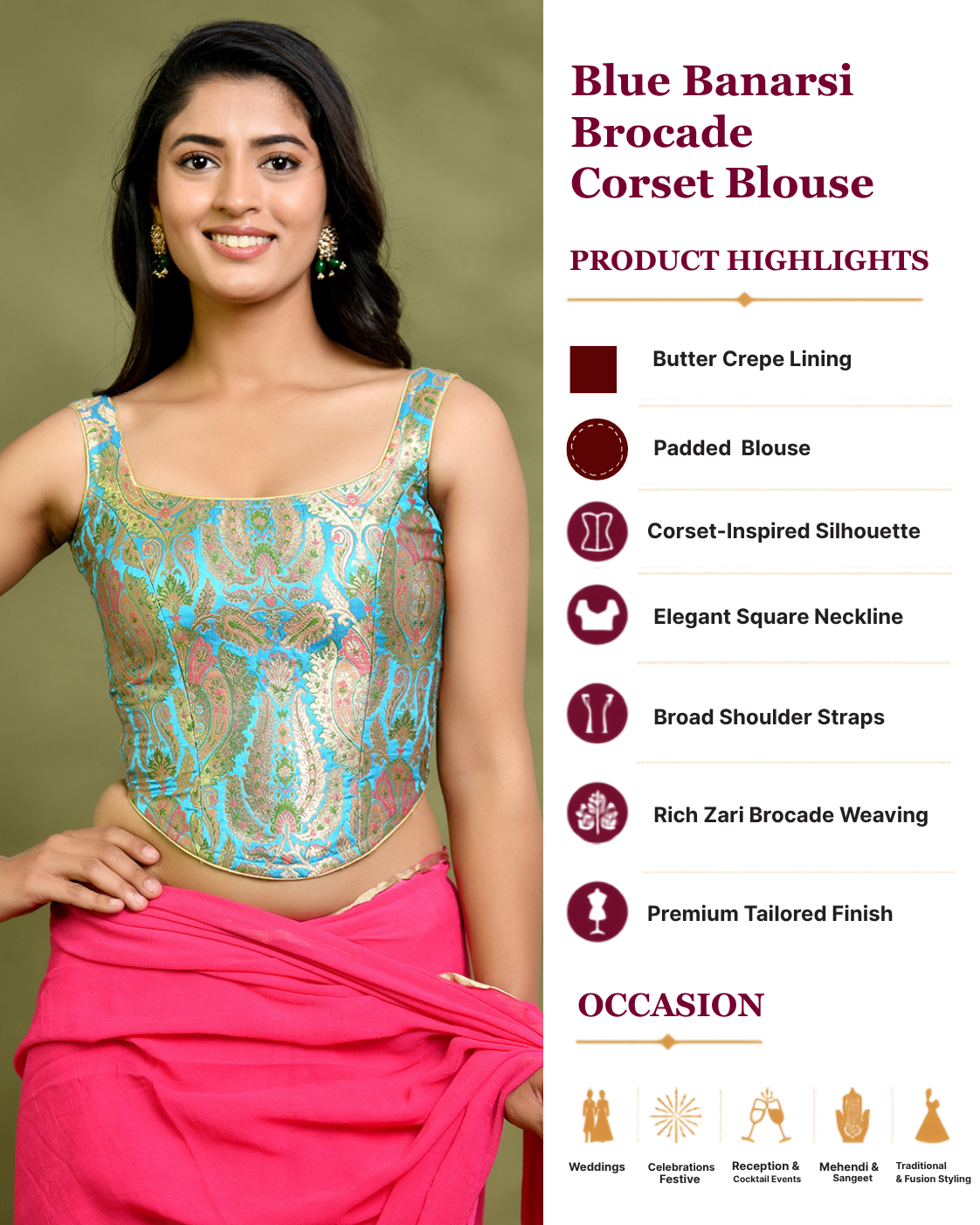 Woven Designed Kashi Banarsi Corset Style Padded Blue Saree Blouse