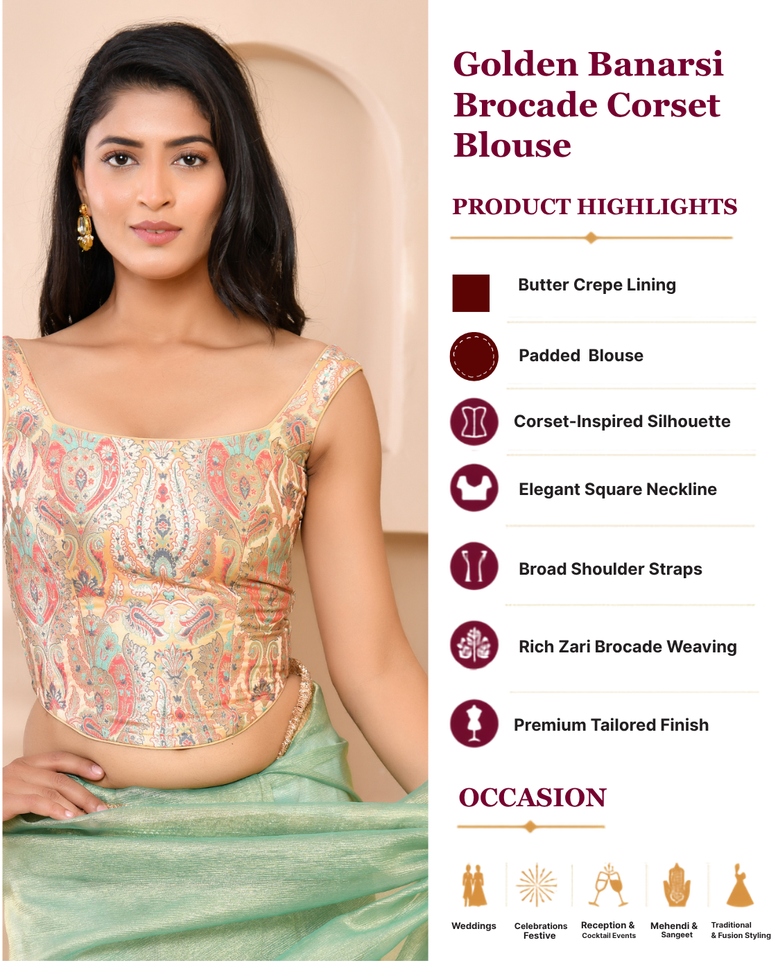 Woven Designed Kashi Banarsi Corset Style Padded Golden Saree Blouse