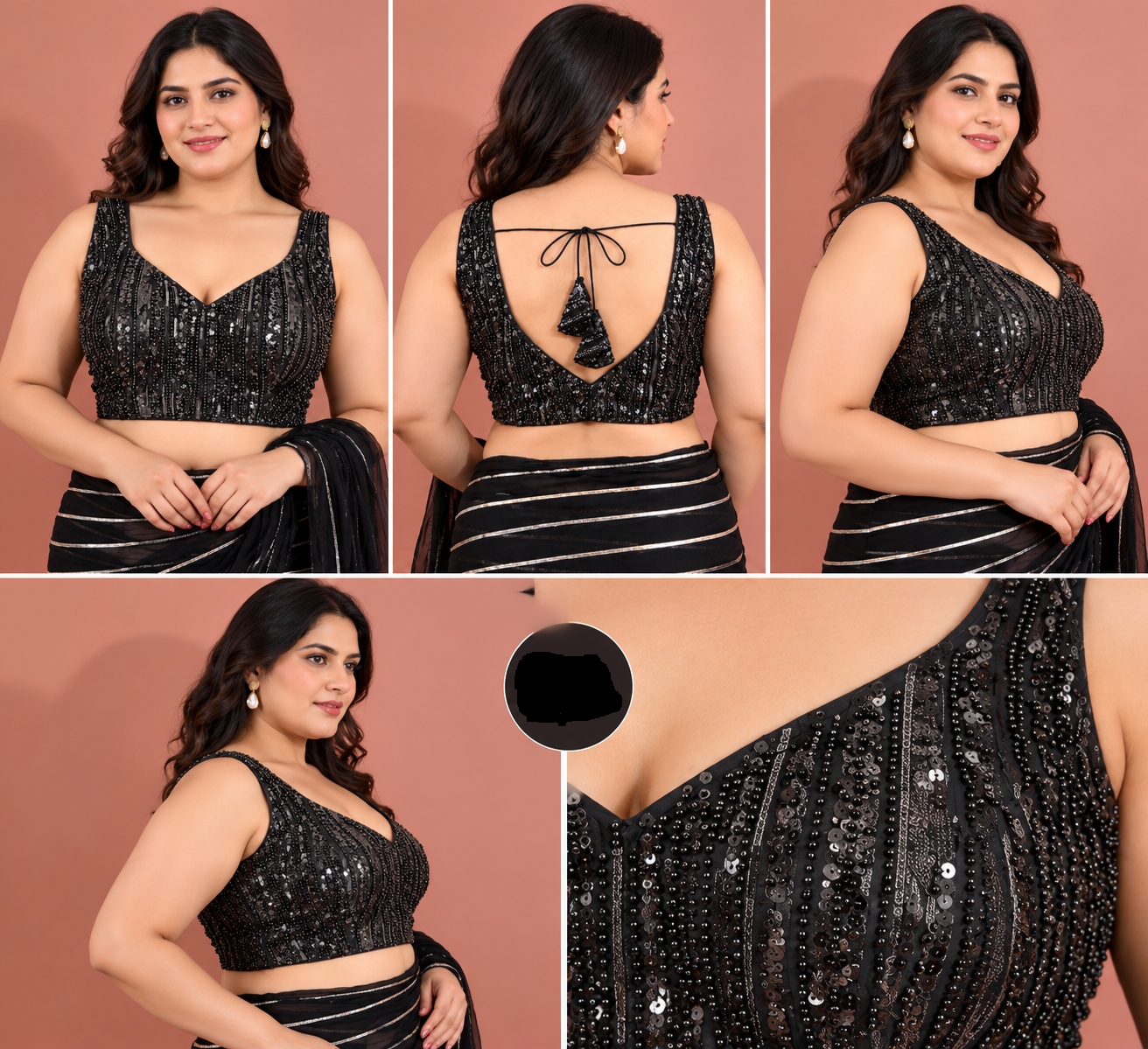 Women's Black Net Fabric Sequin Embellished Sleeveless V-Neck Designer Saree Blouse