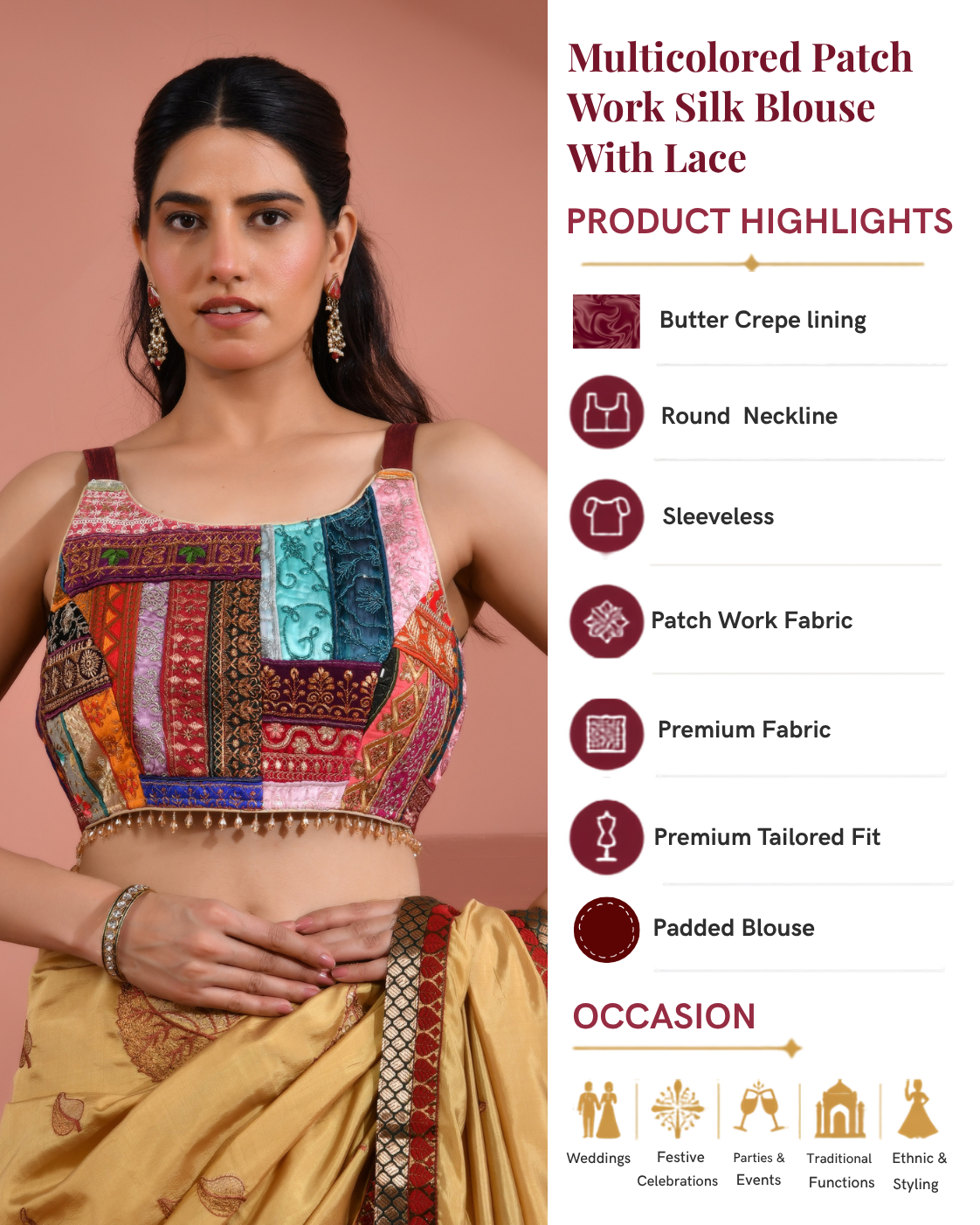 Multicolored Patch Work Round Neck Silk Blouse with Lace