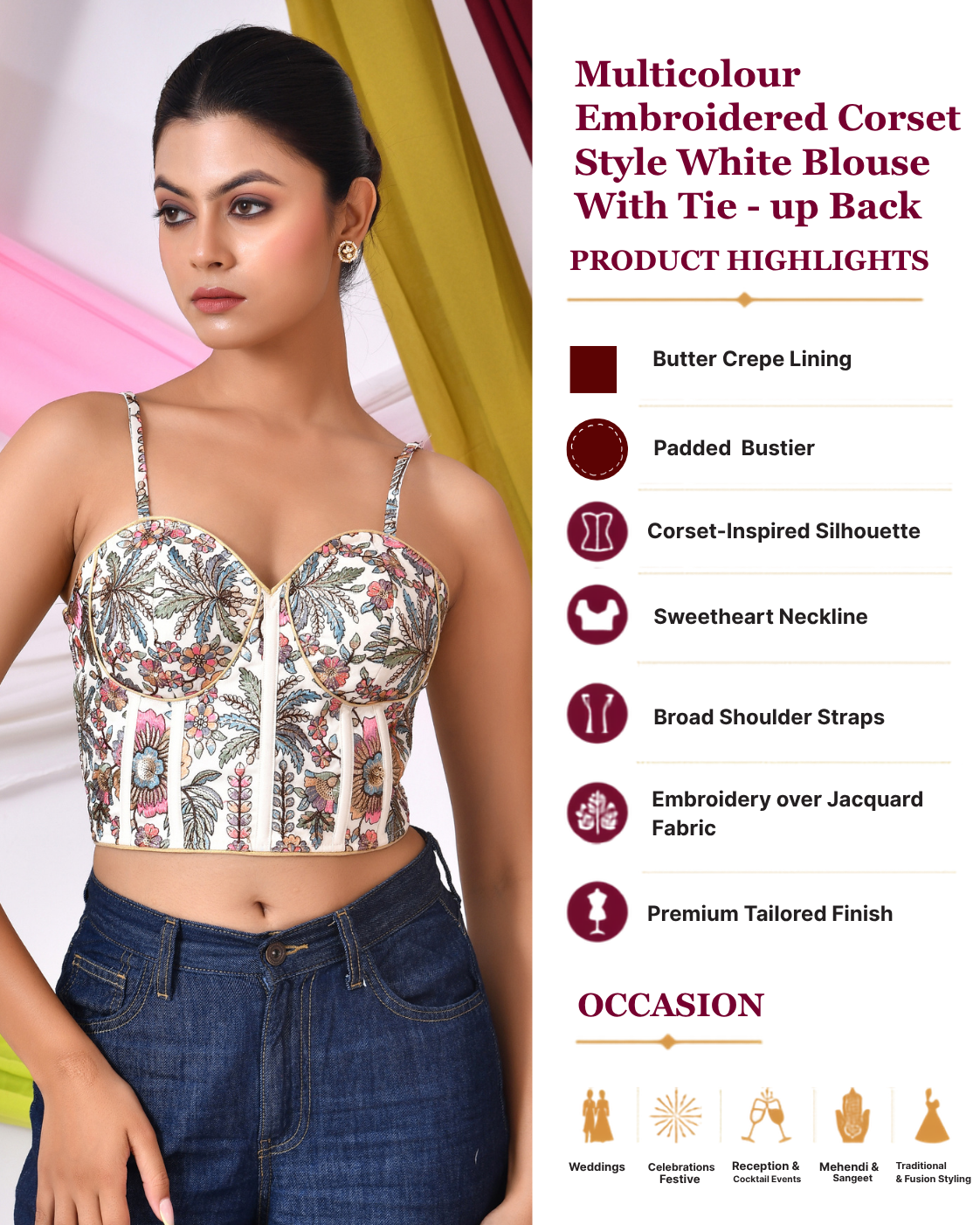 Multicolour Embroidered Bustier Corset Style White Blouse with Tie-up Back