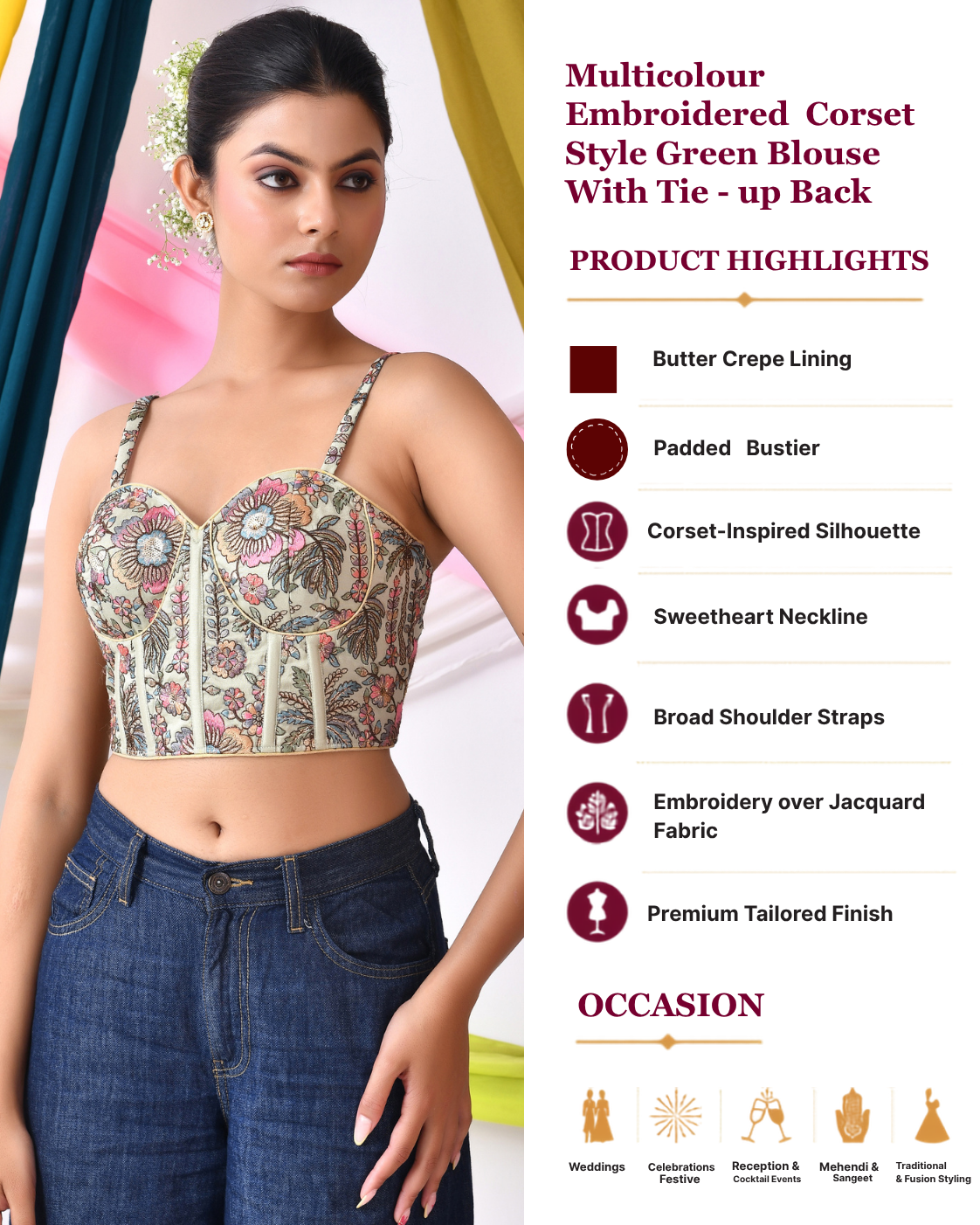 Multicolour Embroidered Bustier Corset Style Green Blouse with Tie-up Back