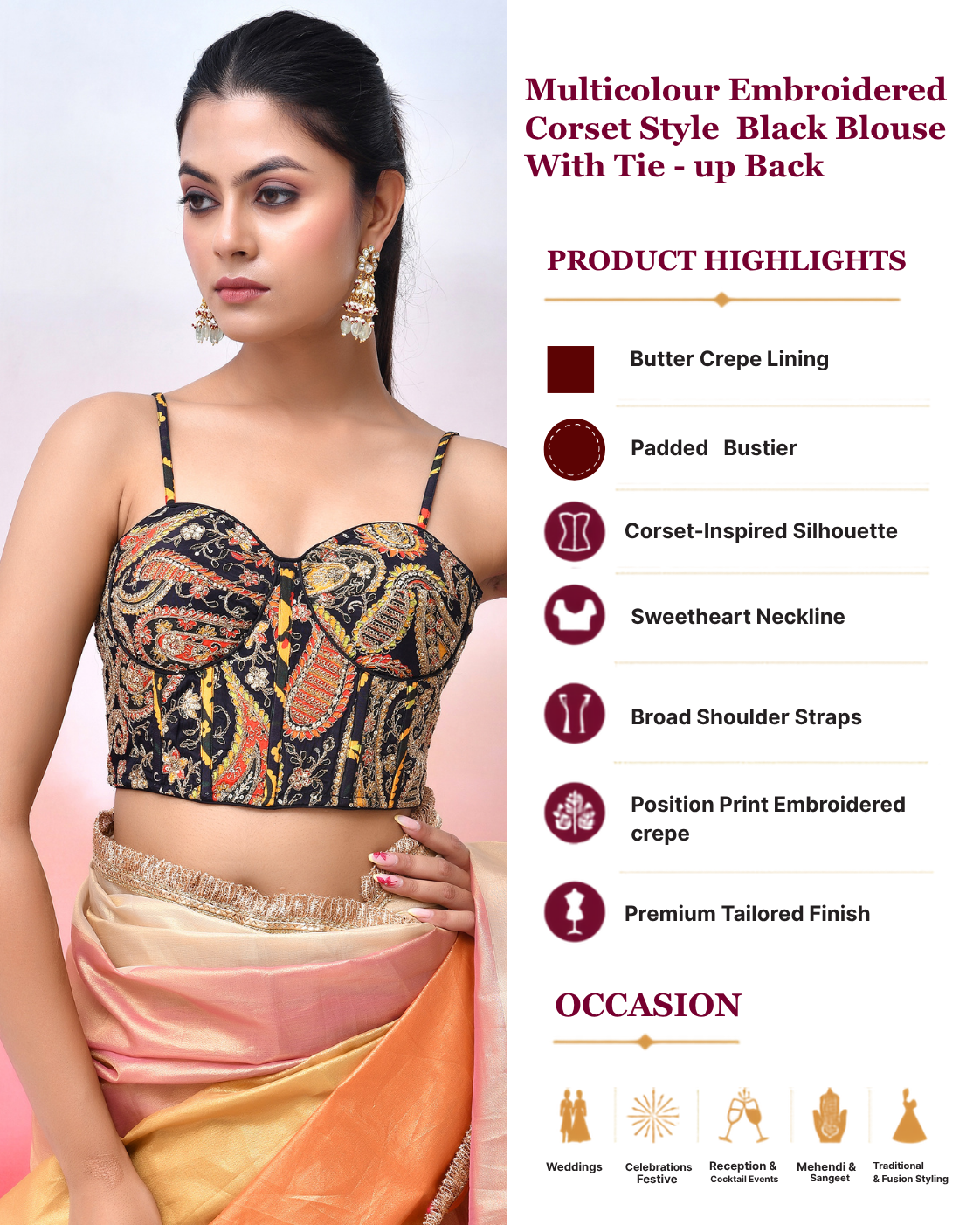 Multicolour Embroidered Bustier Corset Style Black Blouse with Tie-up Back