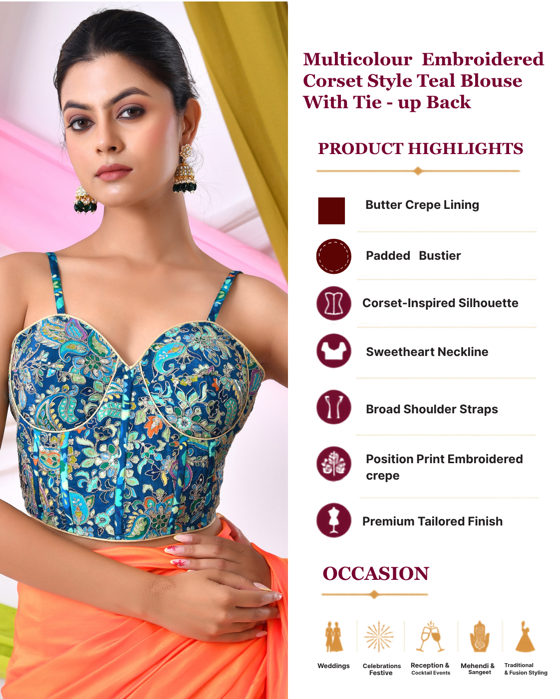 Multicolour Embroidered Bustier Corset Style Teal Blouse with Tie-up Back