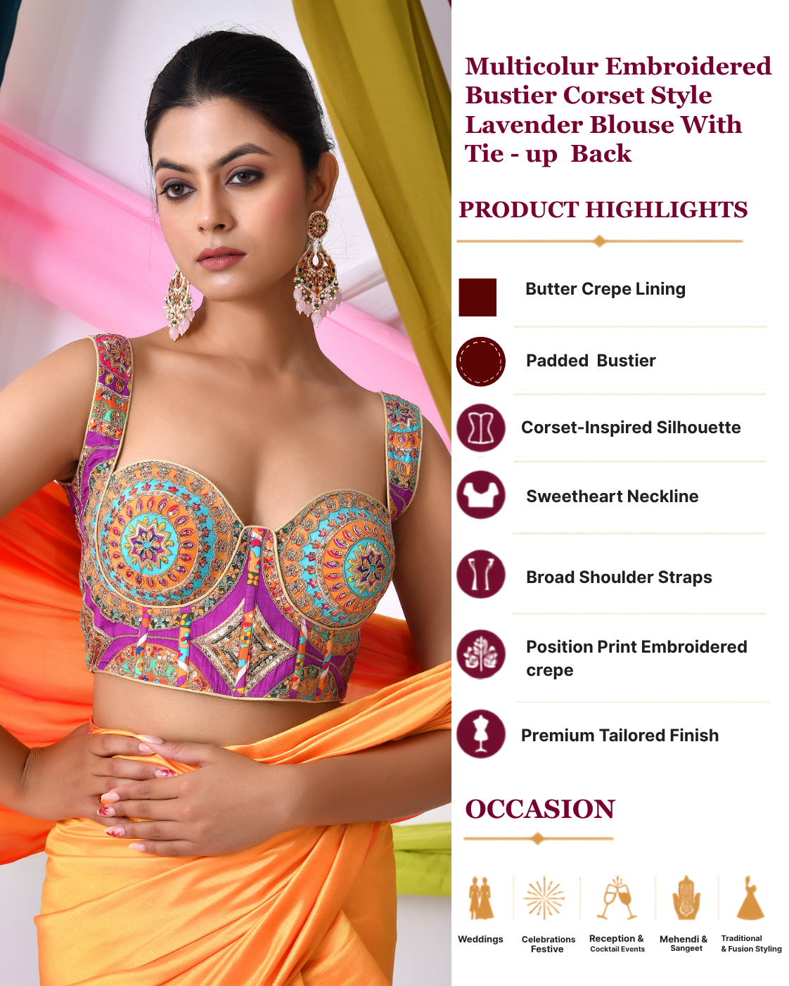 Multicolour Embroidered Bustier Corset Style Lavender Blouse with Tie-up Back