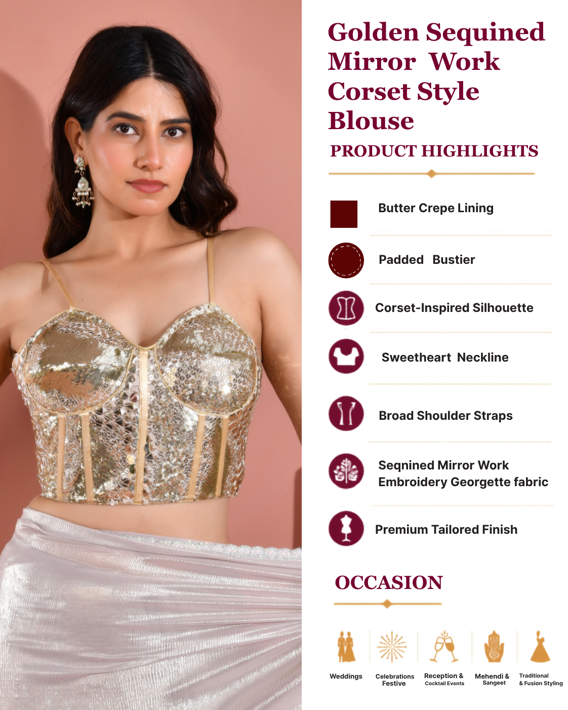 Golden Sequined mirror work corset style blouse
