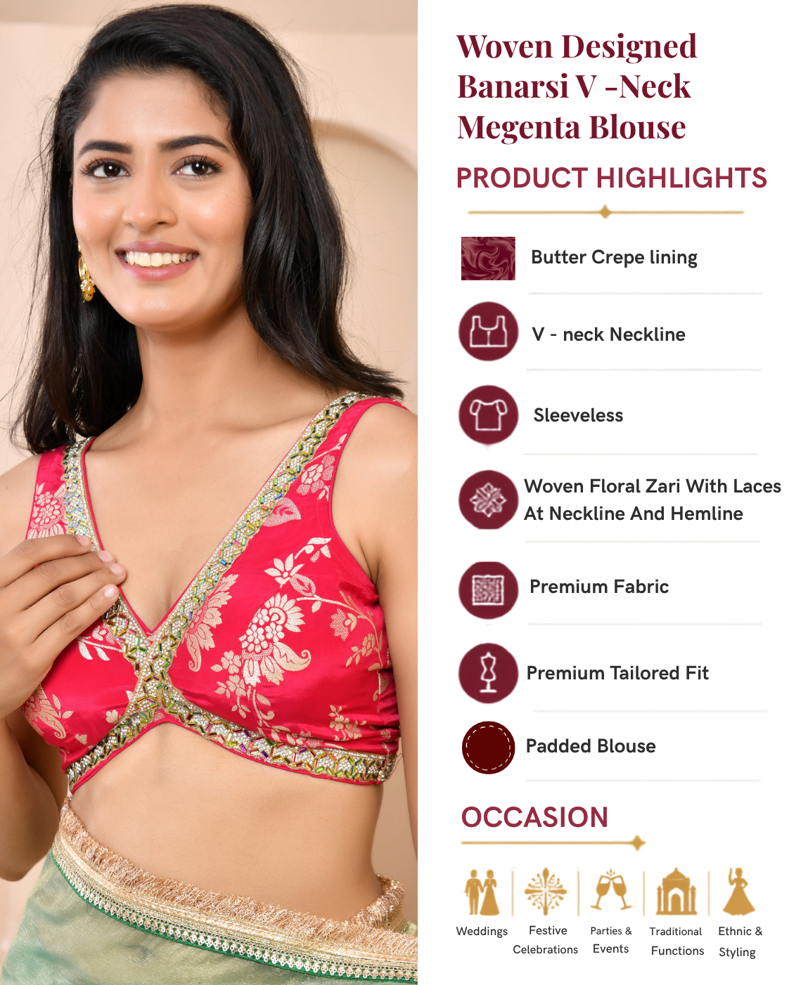 Woven Designed Banarsi V-Neck Padded Saree Blouse