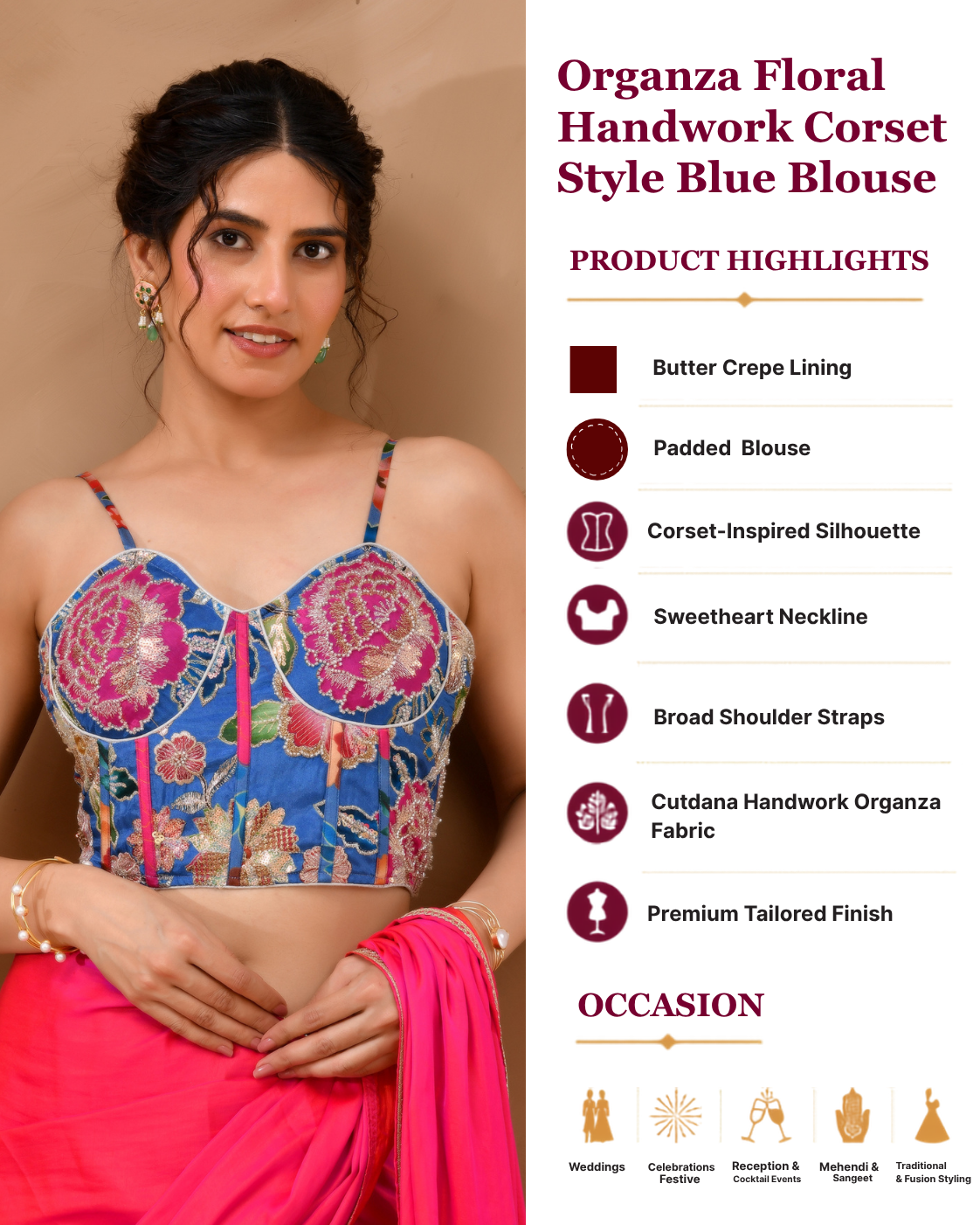 Organza Floral Handwork Corset Style Blue Blouse