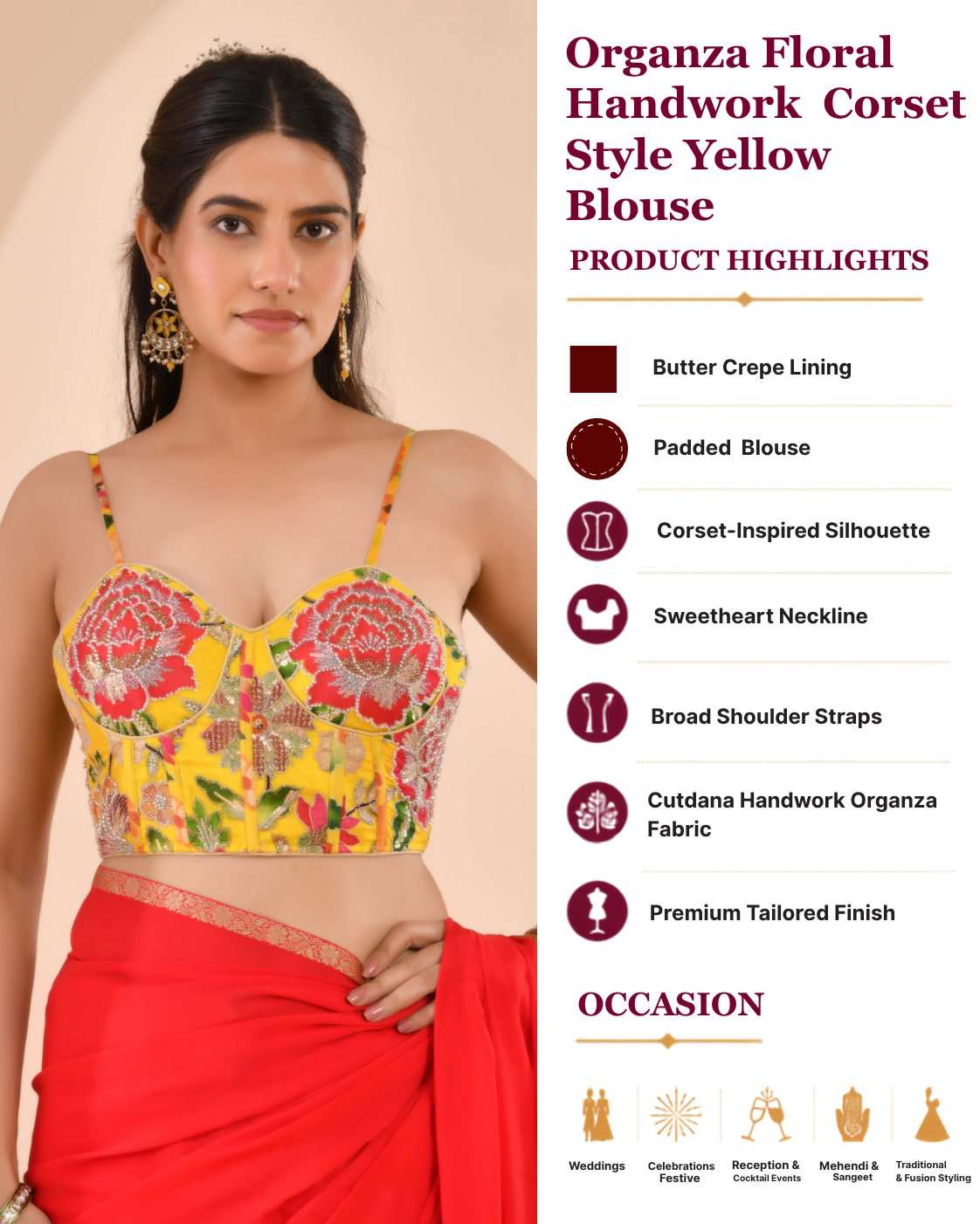 Organza Floral Handwork Corset Style Yellow Blouse