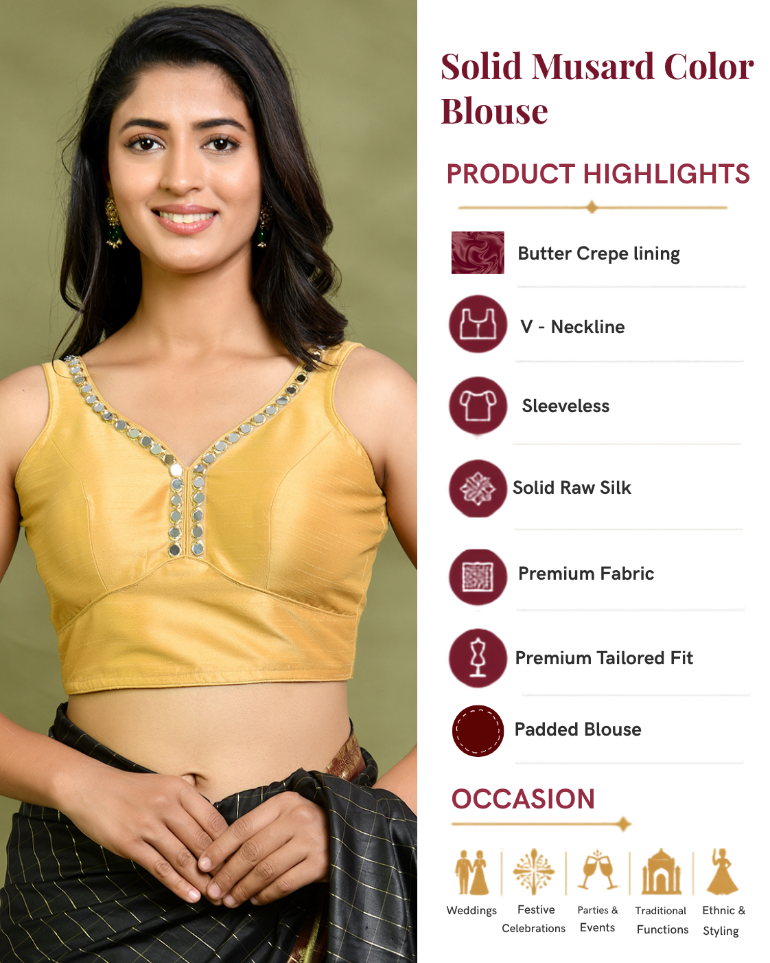 Solid Mustard Color Sleeveless Padded Blouse