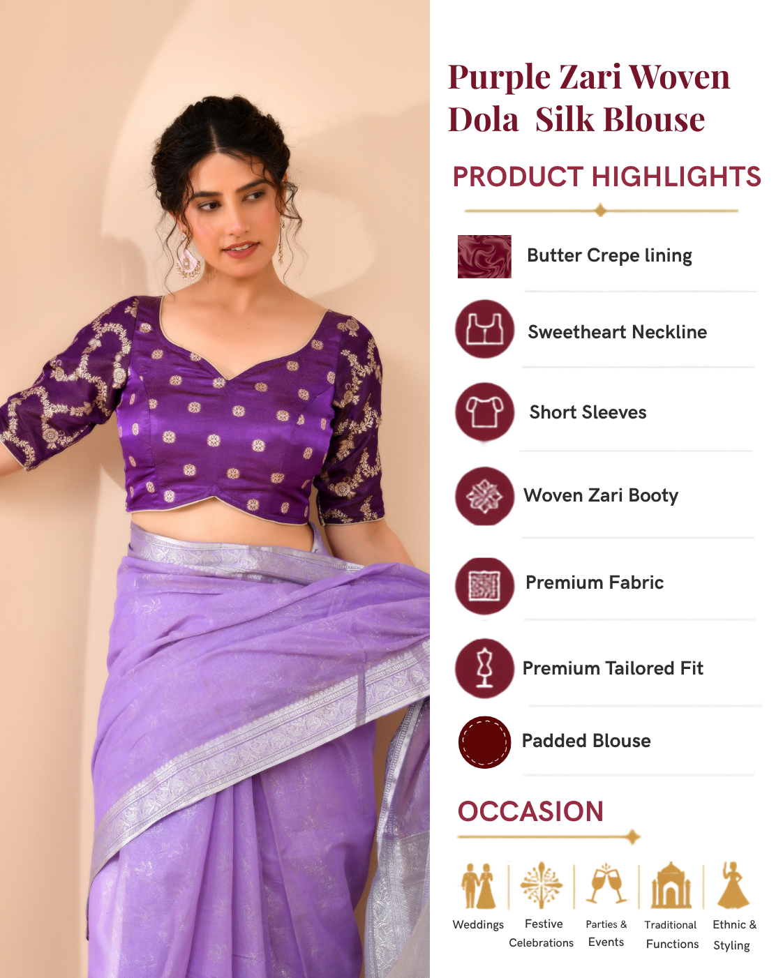 Purple  Zari Woven Dola Silk Blouse with sleeves