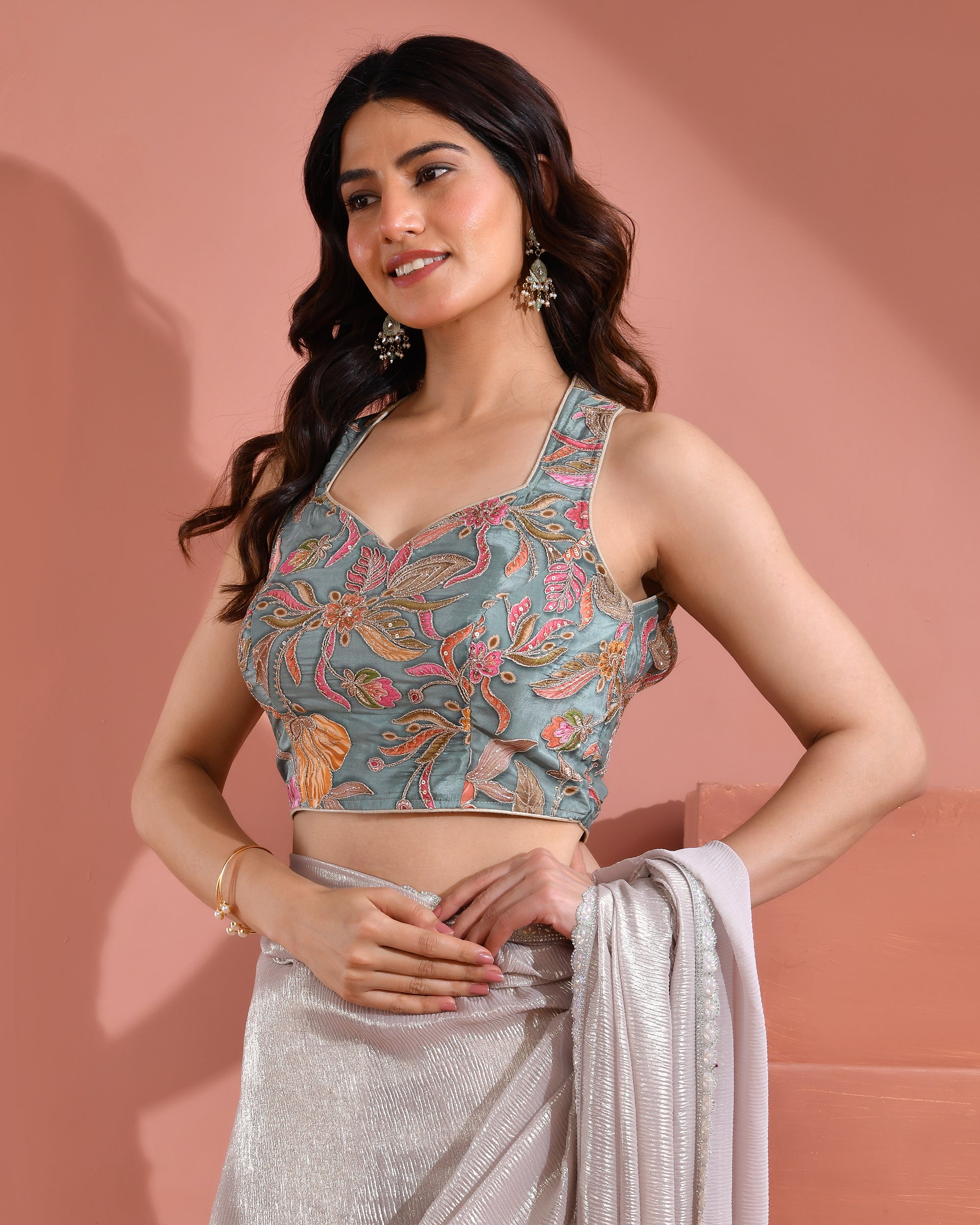 Position Print Sequined Embellished Halter Neck Dusty Green Blouse
