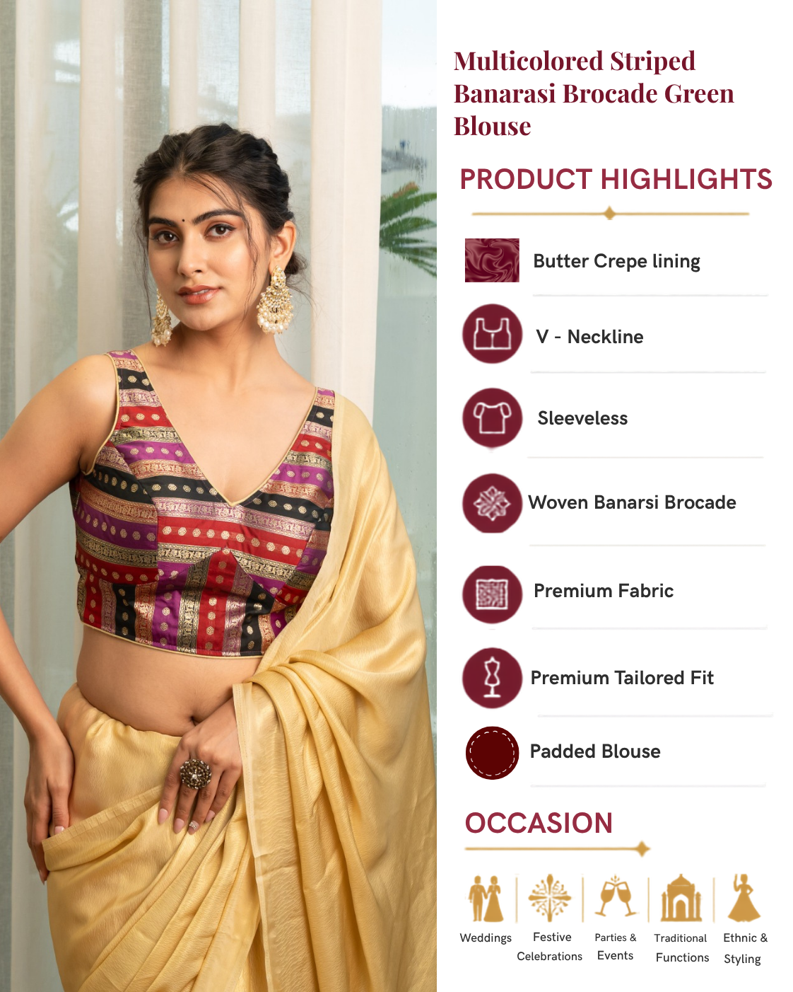 Multicolored Striped Banarasi Brocade Sleeveless V-Neck Maroon Blouse