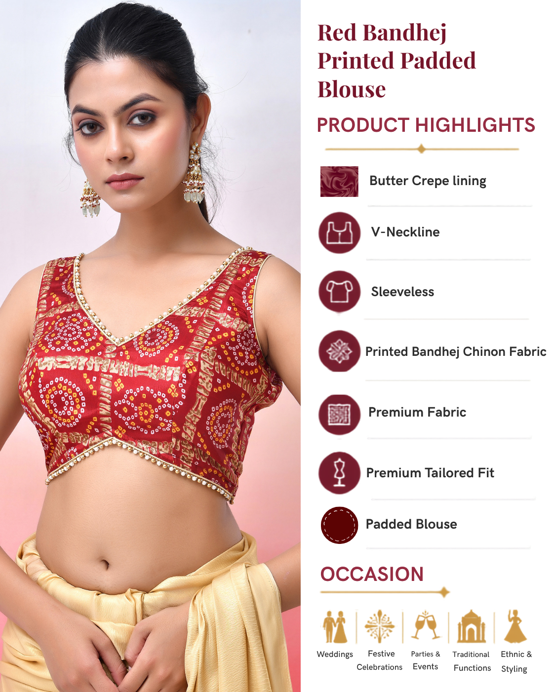 Red Bandhej Printed Padded Blouse