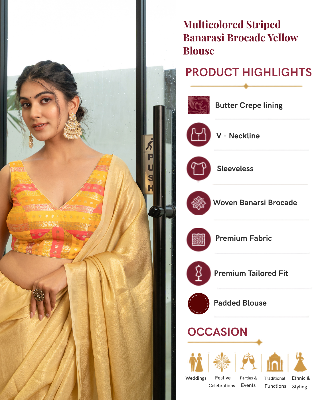 Multicolored Striped Banarasi Brocade Sleeveless V-Neck Yellow Blouse