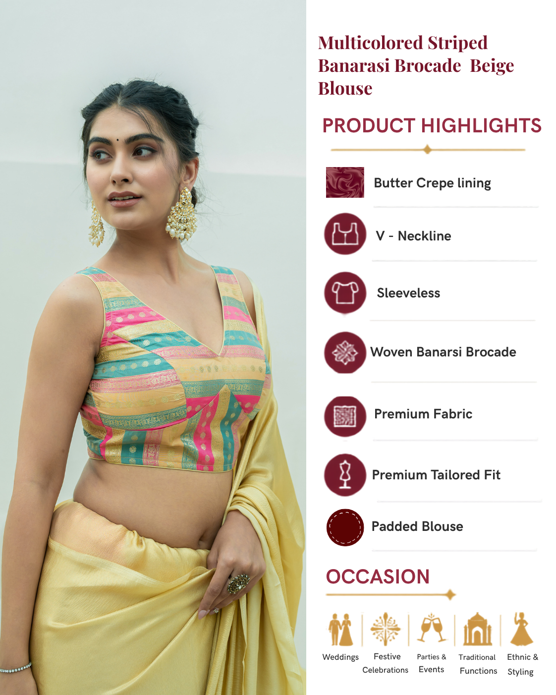 Multicolored Striped Banarasi Brocade Sleeveless V-Neck Beige Blouse
