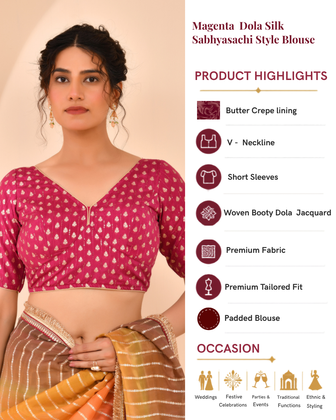 Magenta Dola Silk Sabhyasachi Style Blouse With Half Sleeves