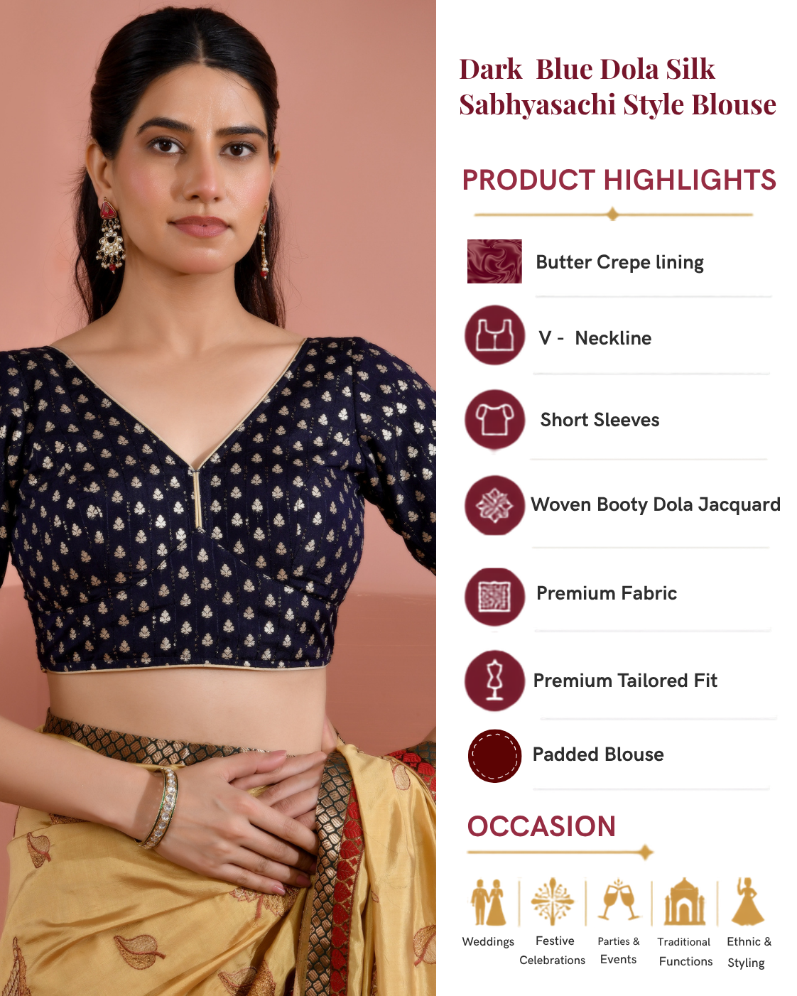 Dark Blue Dola Silk  Sabhyasachi Style Blouse With Half Sleeves