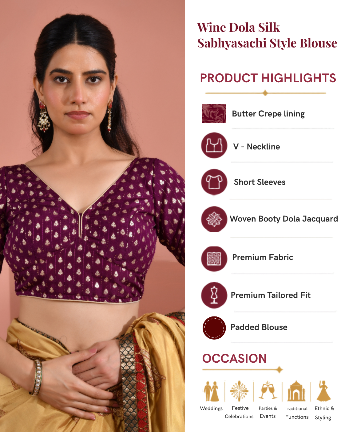 Wine Dola Silk  Sabhyasachi Style Blouse With Half Sleeves