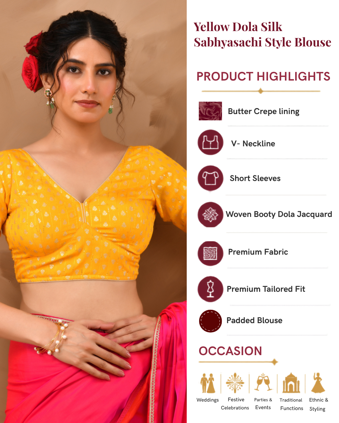 Yellow Dola Silk  Sabhyasachi Style Blouse With Half Sleeves