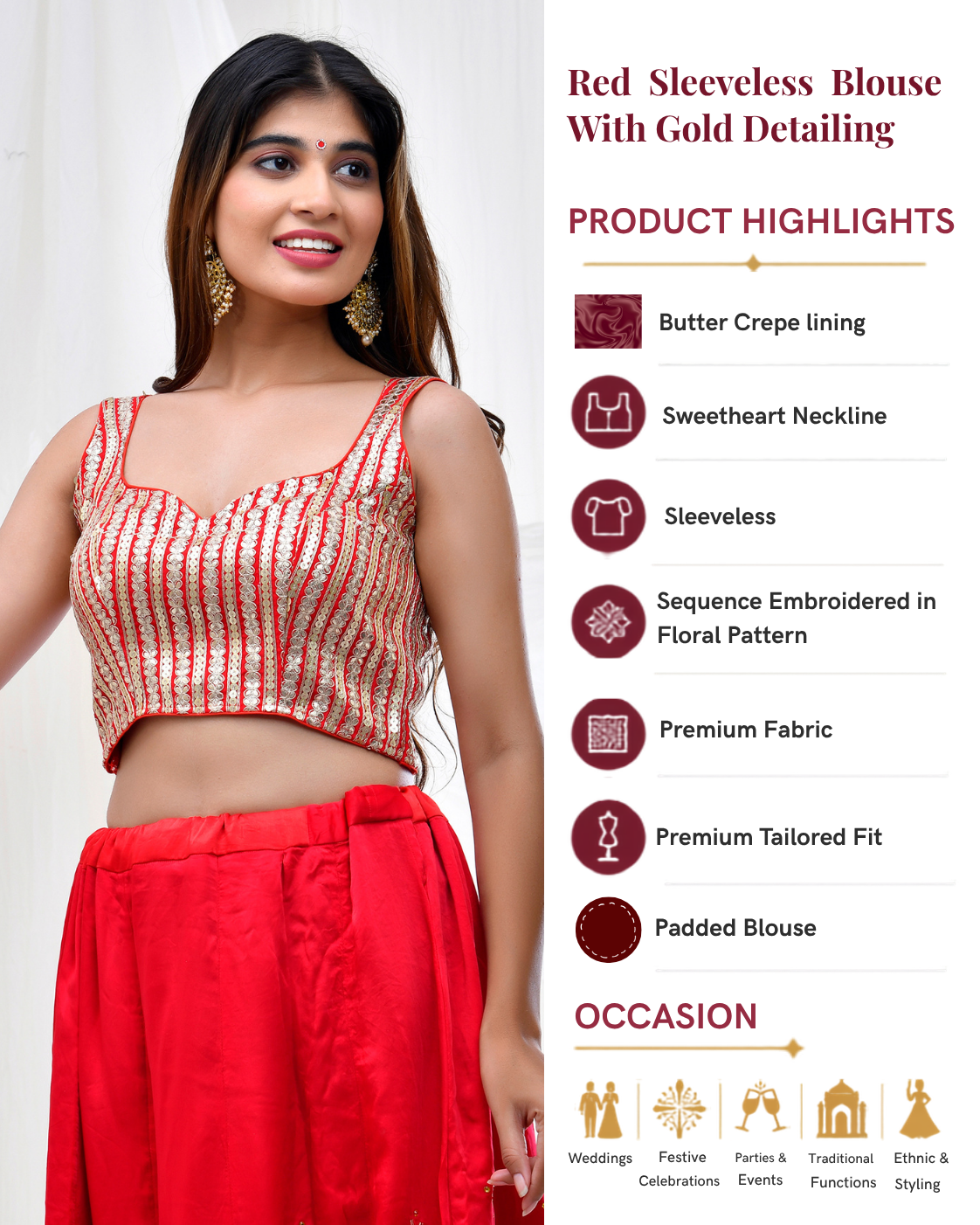 Red Sleeveless Padded Blouse with Gold Detailing