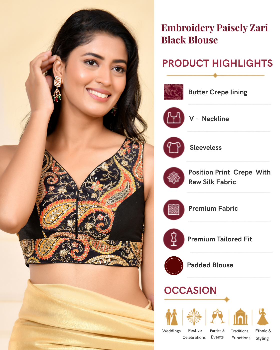 Embroidery Paisley Zari V Neck Padded Black Saree Blouse