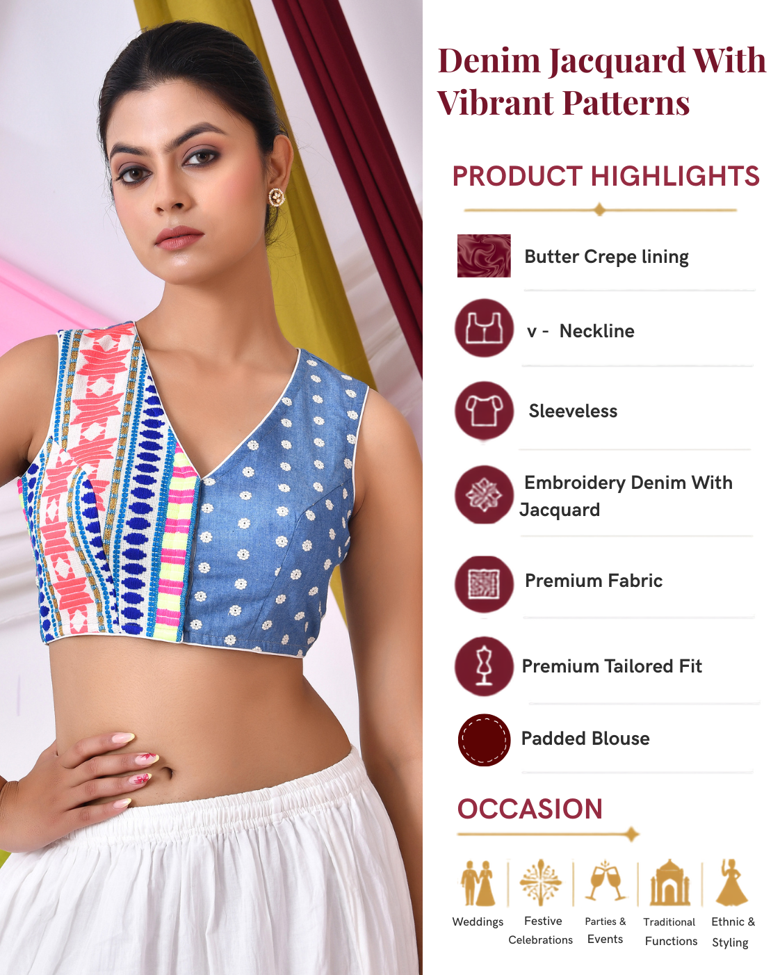Denim Jacquard Sleeveless Padded Blouse with Vibrant Patterns