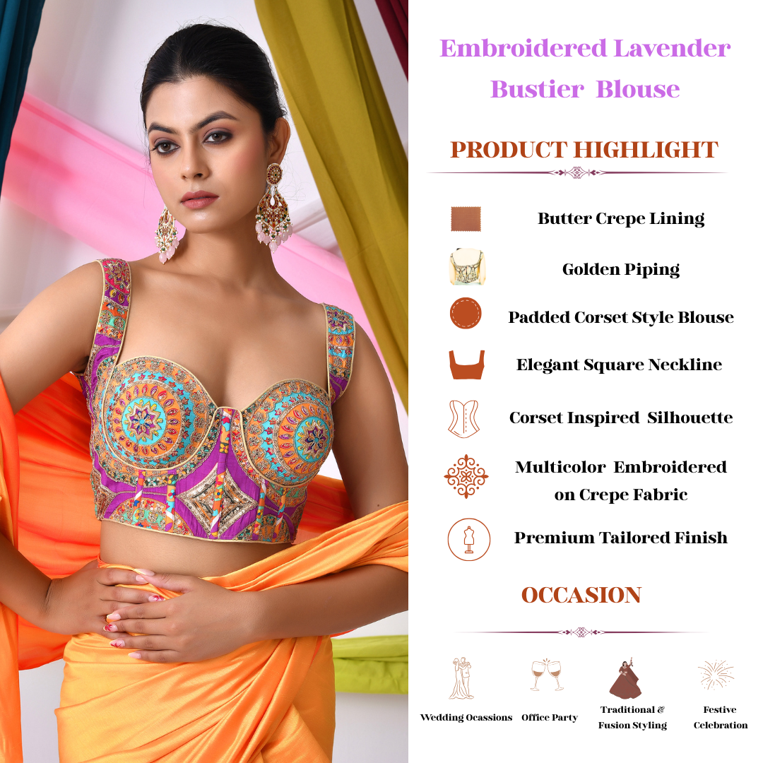 Multicolour Embroidered Bustier Corset Style Lavender Blouse with Tie-up Back