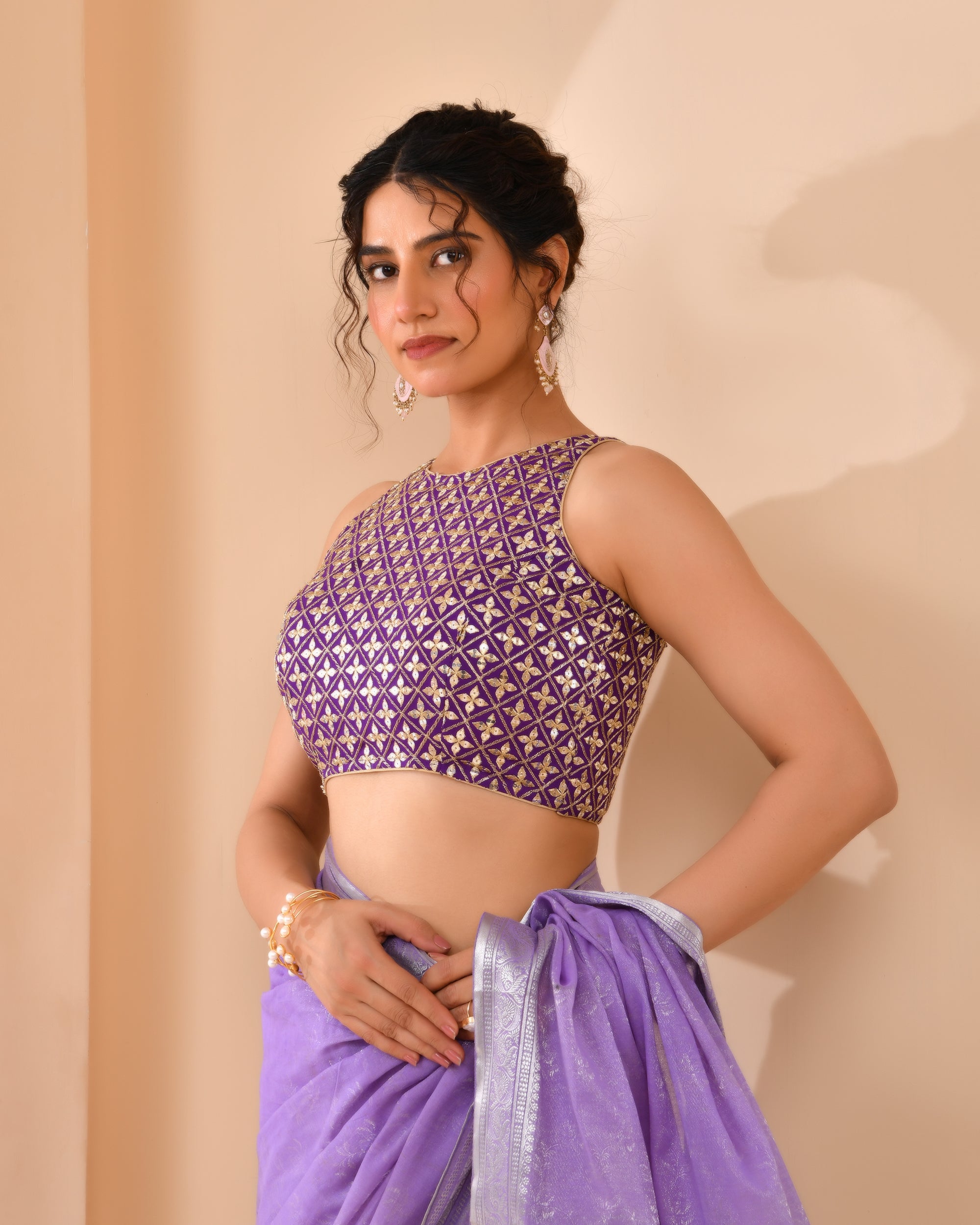 Mirror Work High Neck Purple Blouse