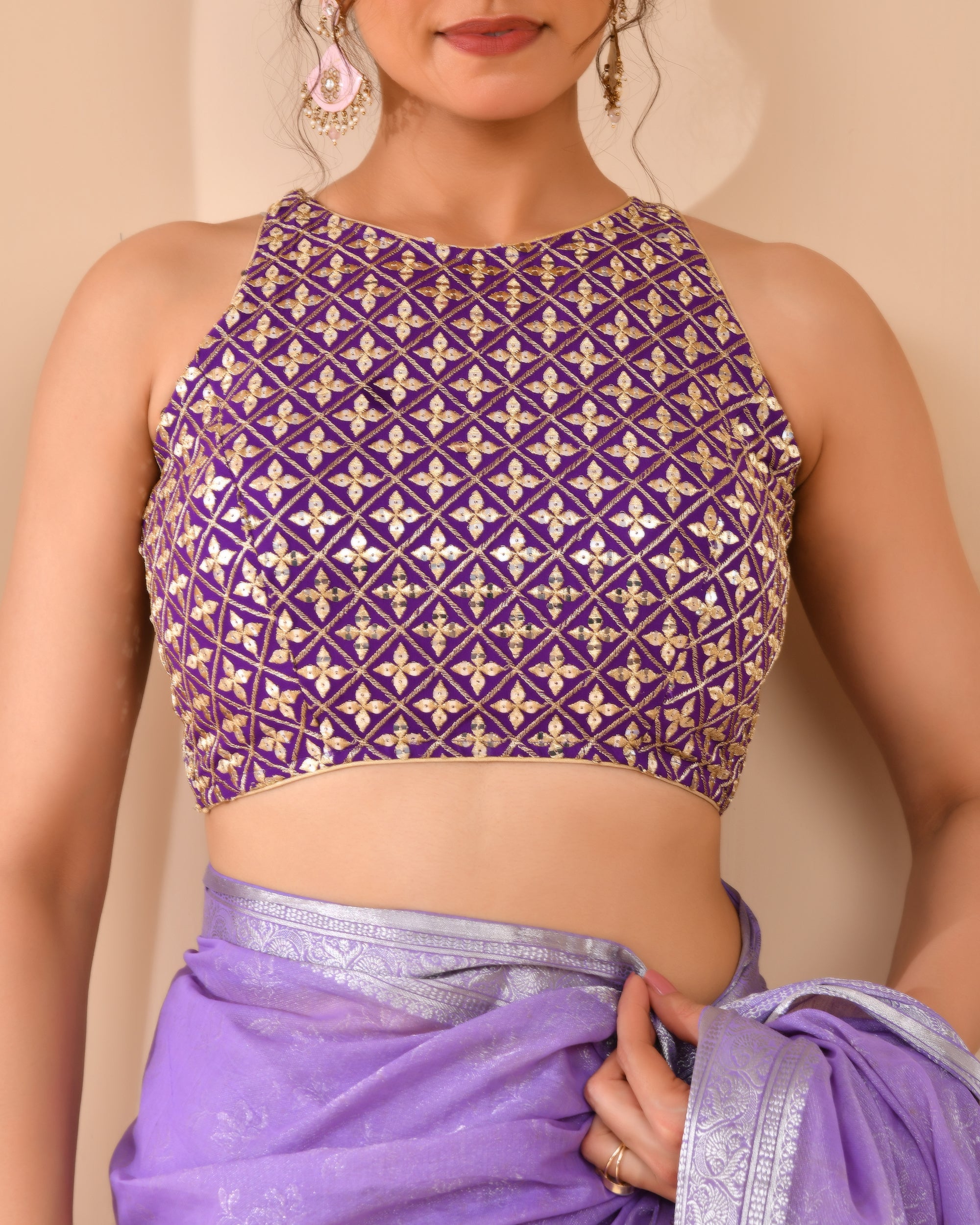 Mirror Work High Neck Purple Blouse