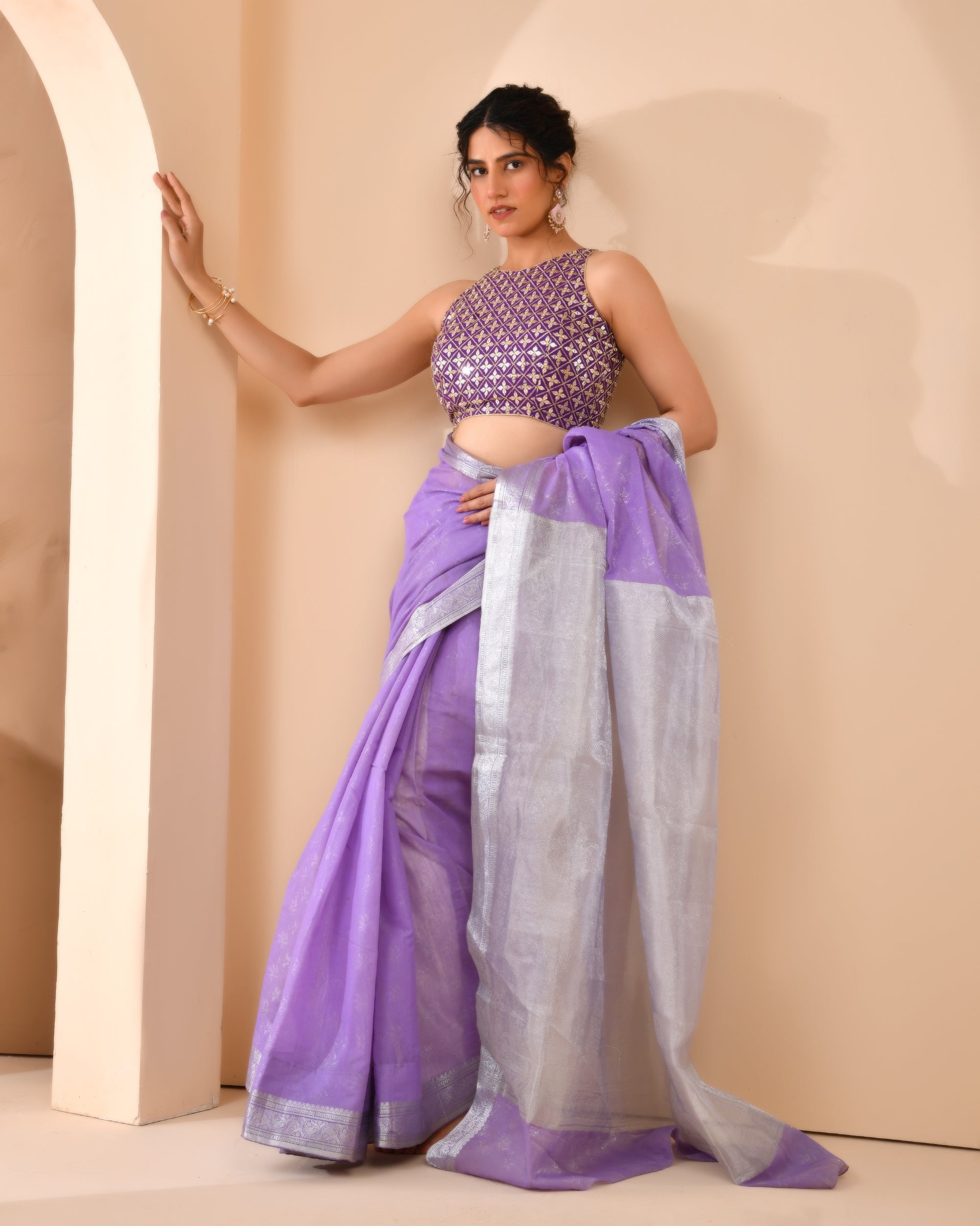 Mirror Work High Neck Purple Blouse