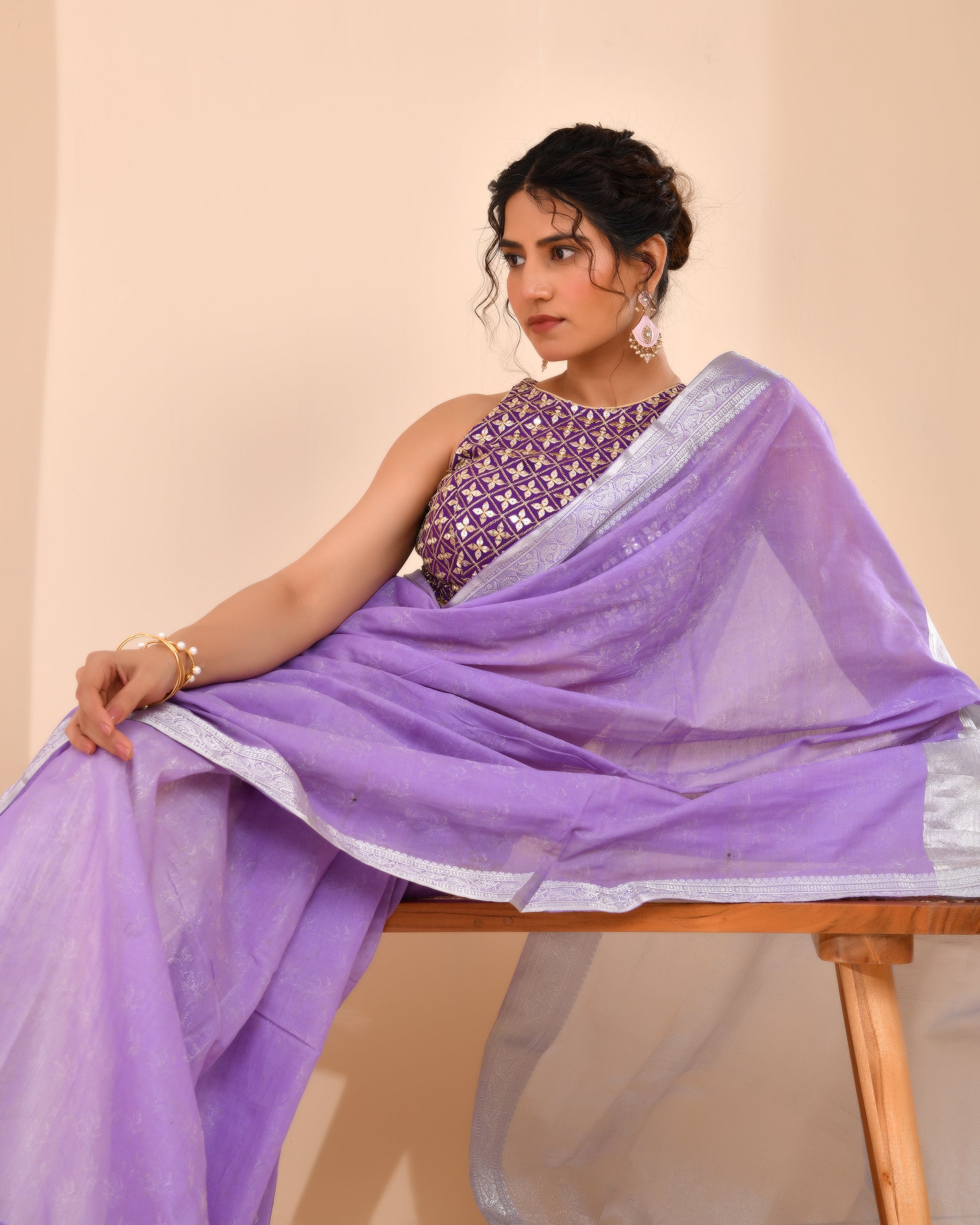 Mirror Work High Neck Purple Blouse