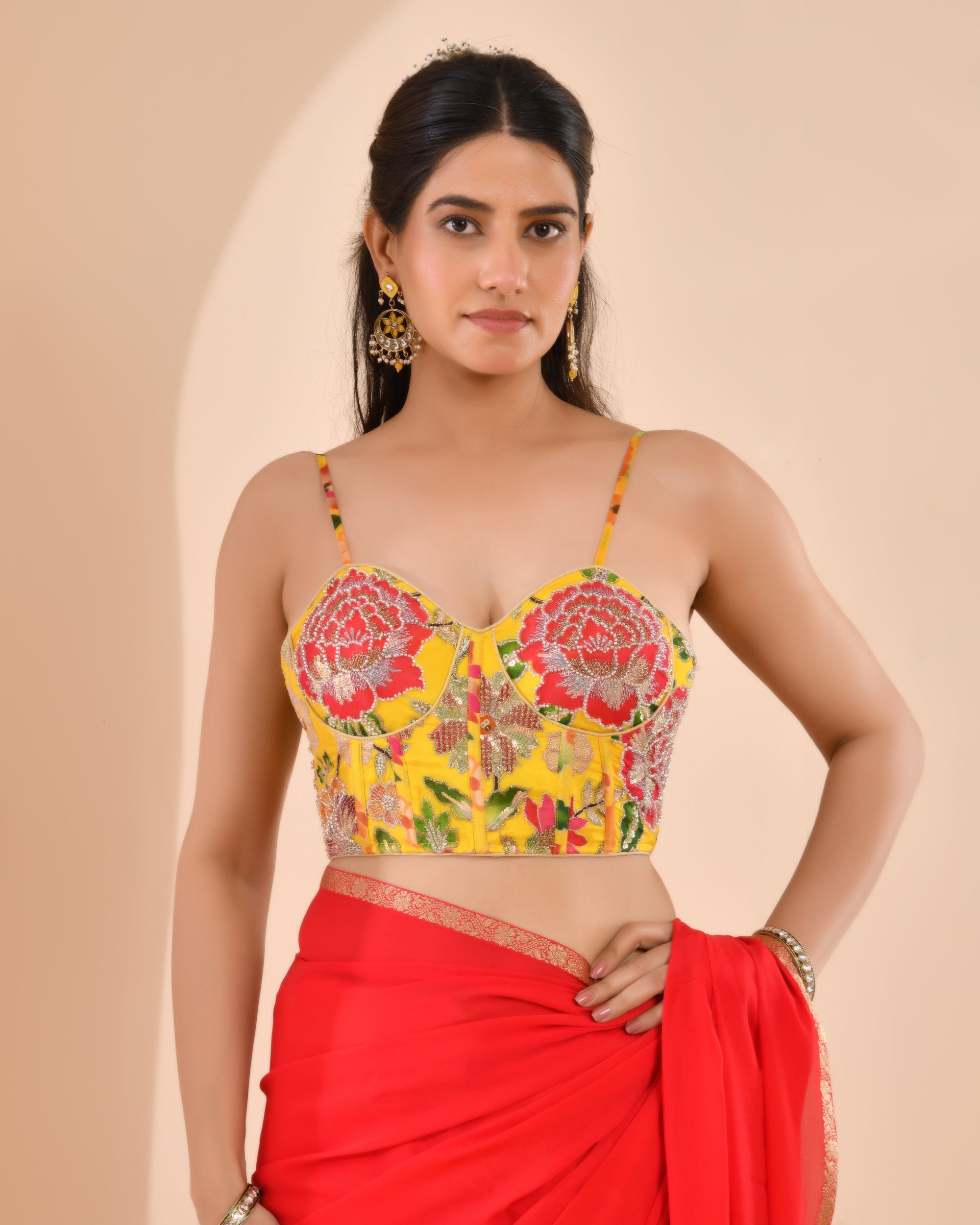 Organza Floral Handwork Corset Style Yellow Blouse