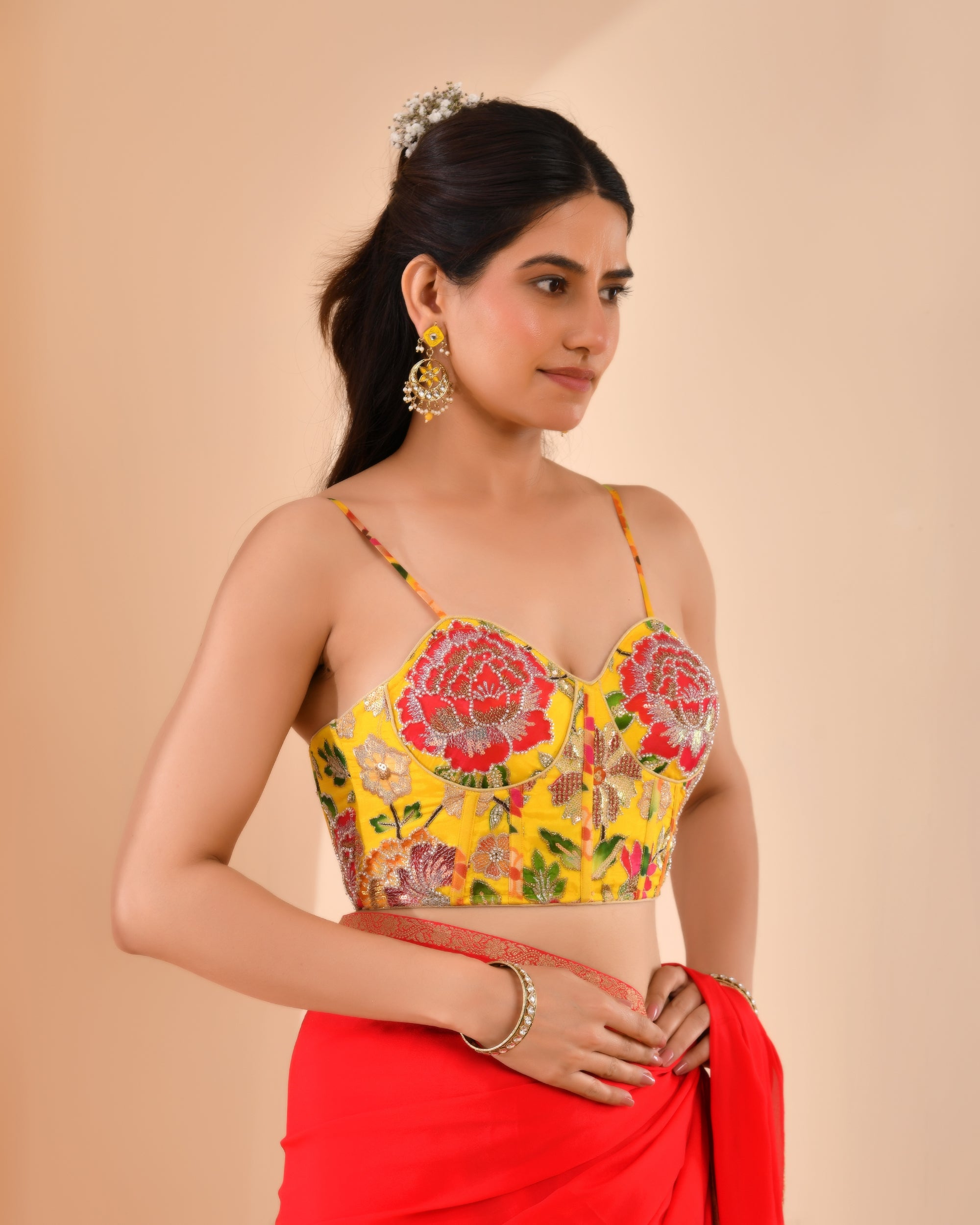 Organza Floral Handwork Corset Style Yellow Blouse