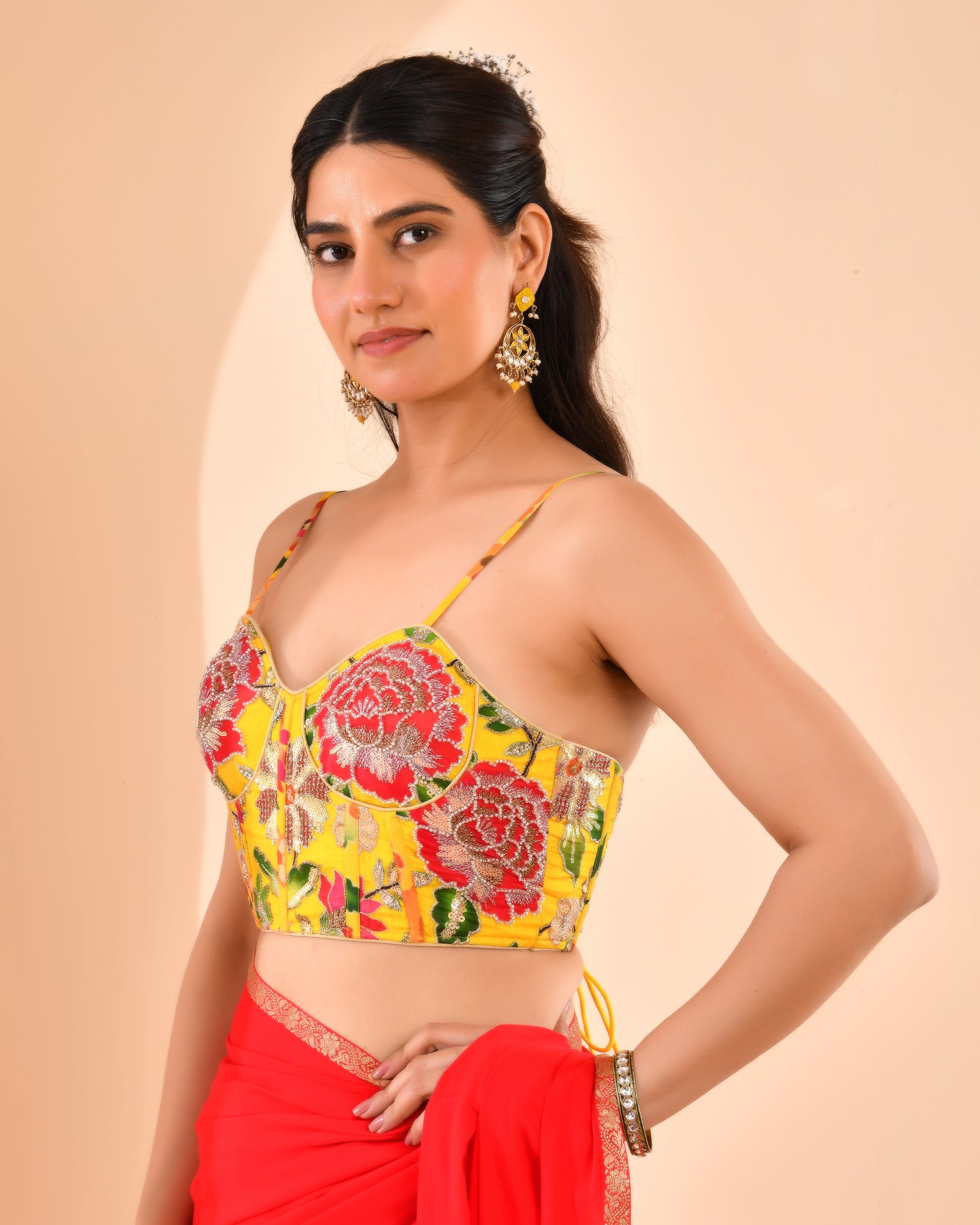 Organza Floral Handwork Corset Style Yellow Blouse