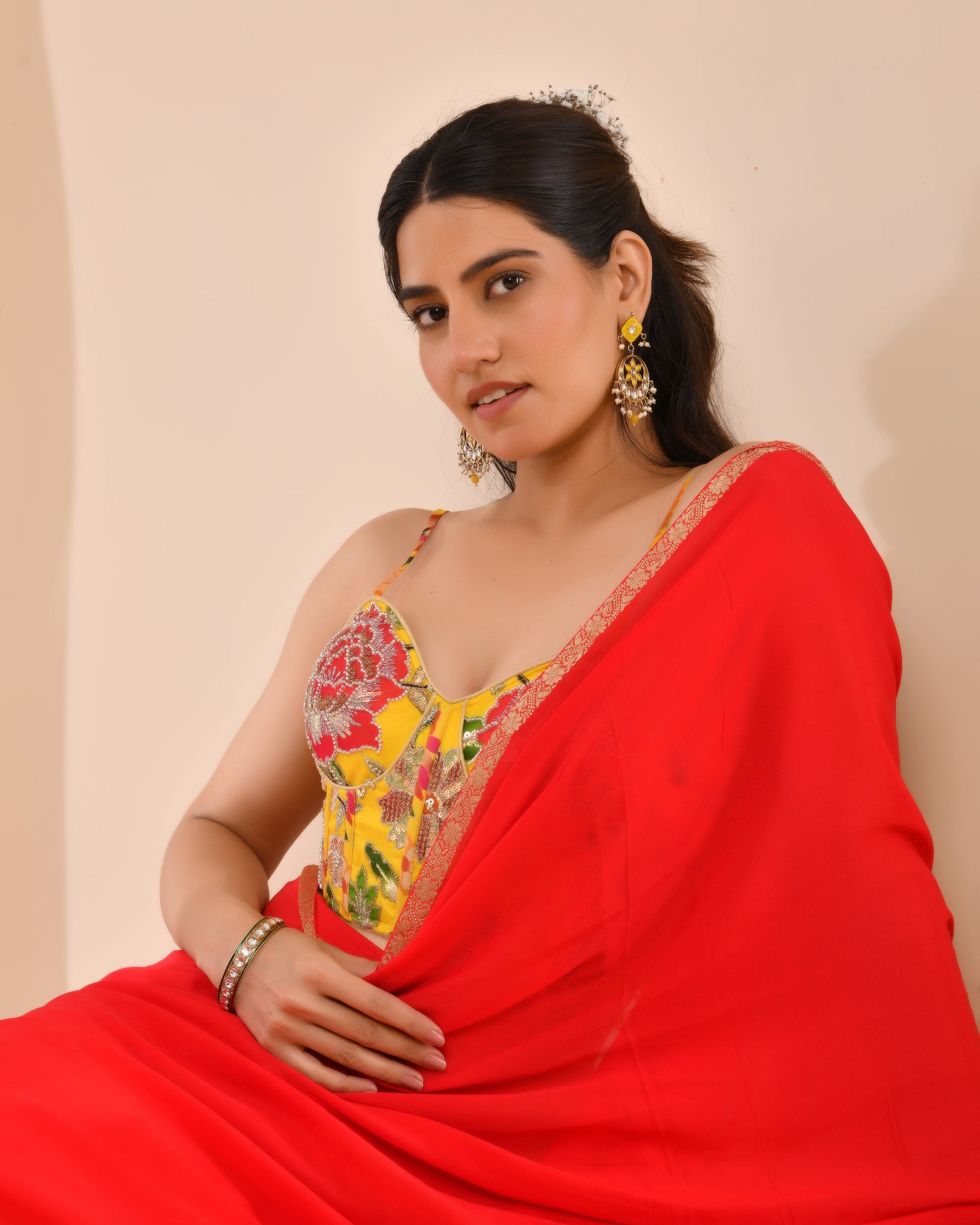 Organza Floral Handwork Corset Style Yellow Blouse