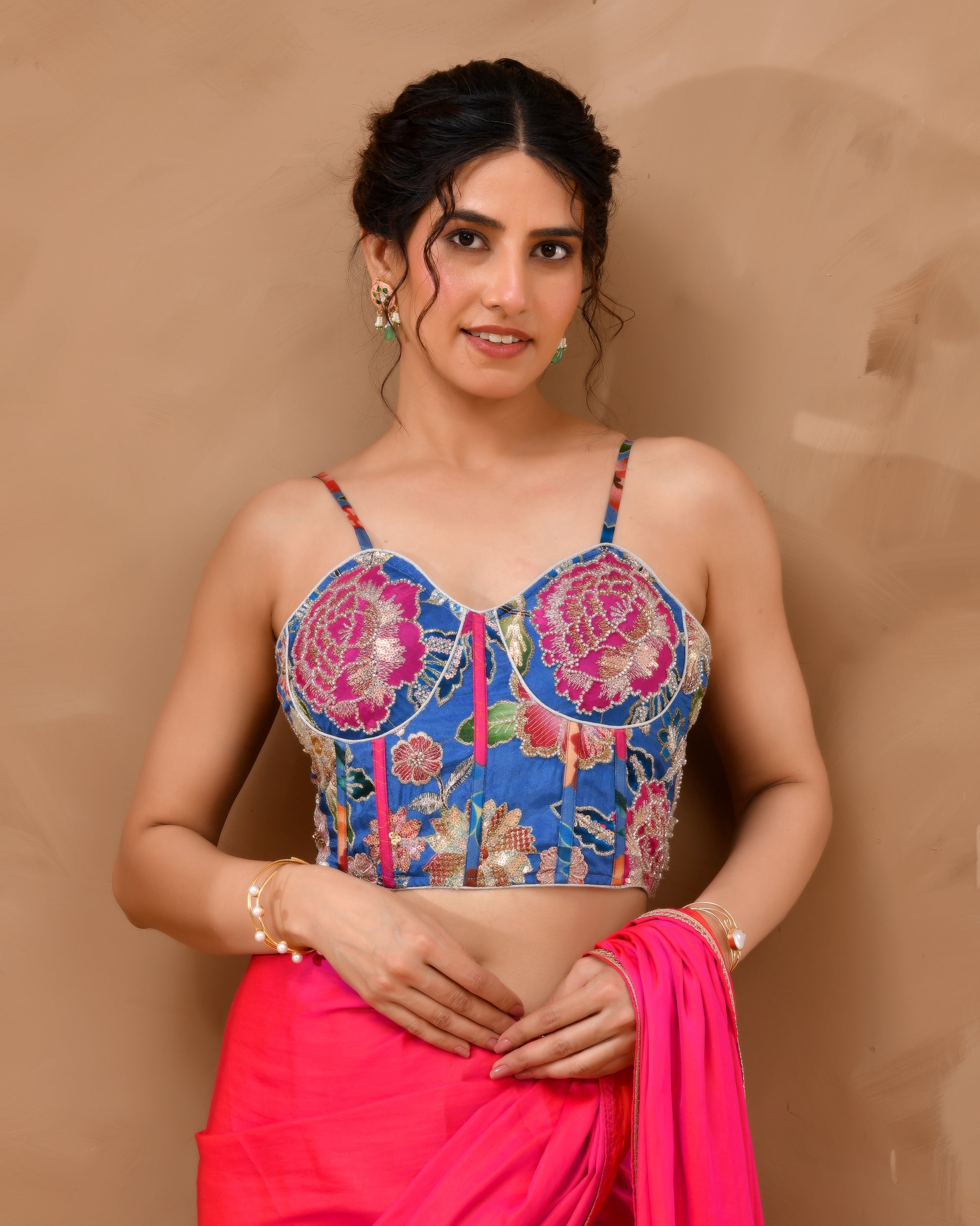 Organza Floral Handwork Corset Style Blue Blouse