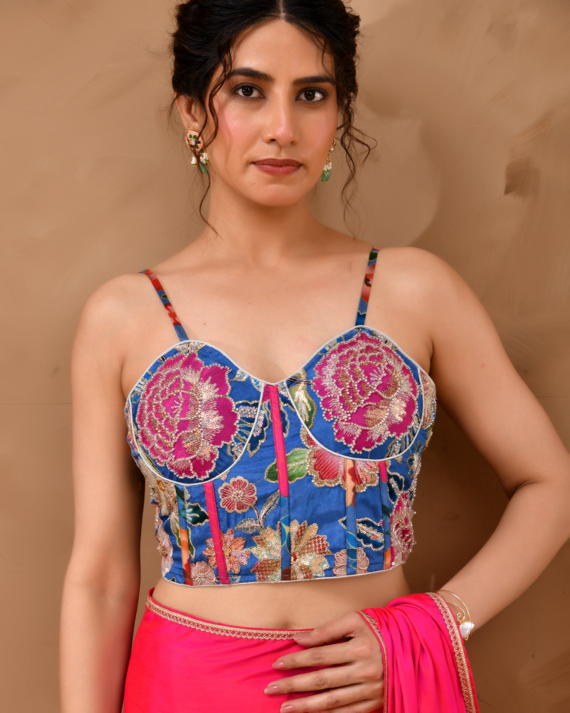 Organza Floral Handwork Corset Style Blue Blouse