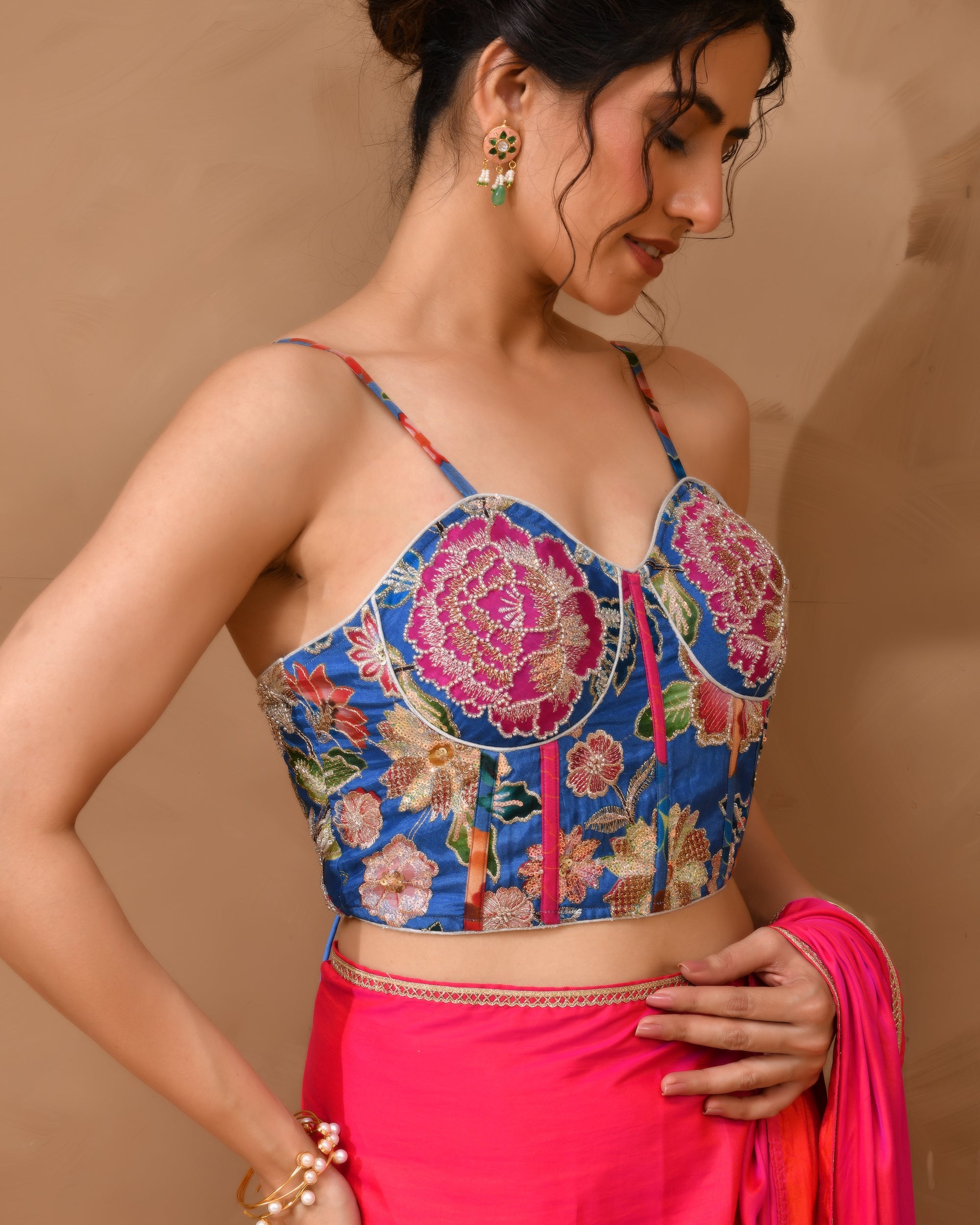 Organza Floral Handwork Corset Style Blue Blouse