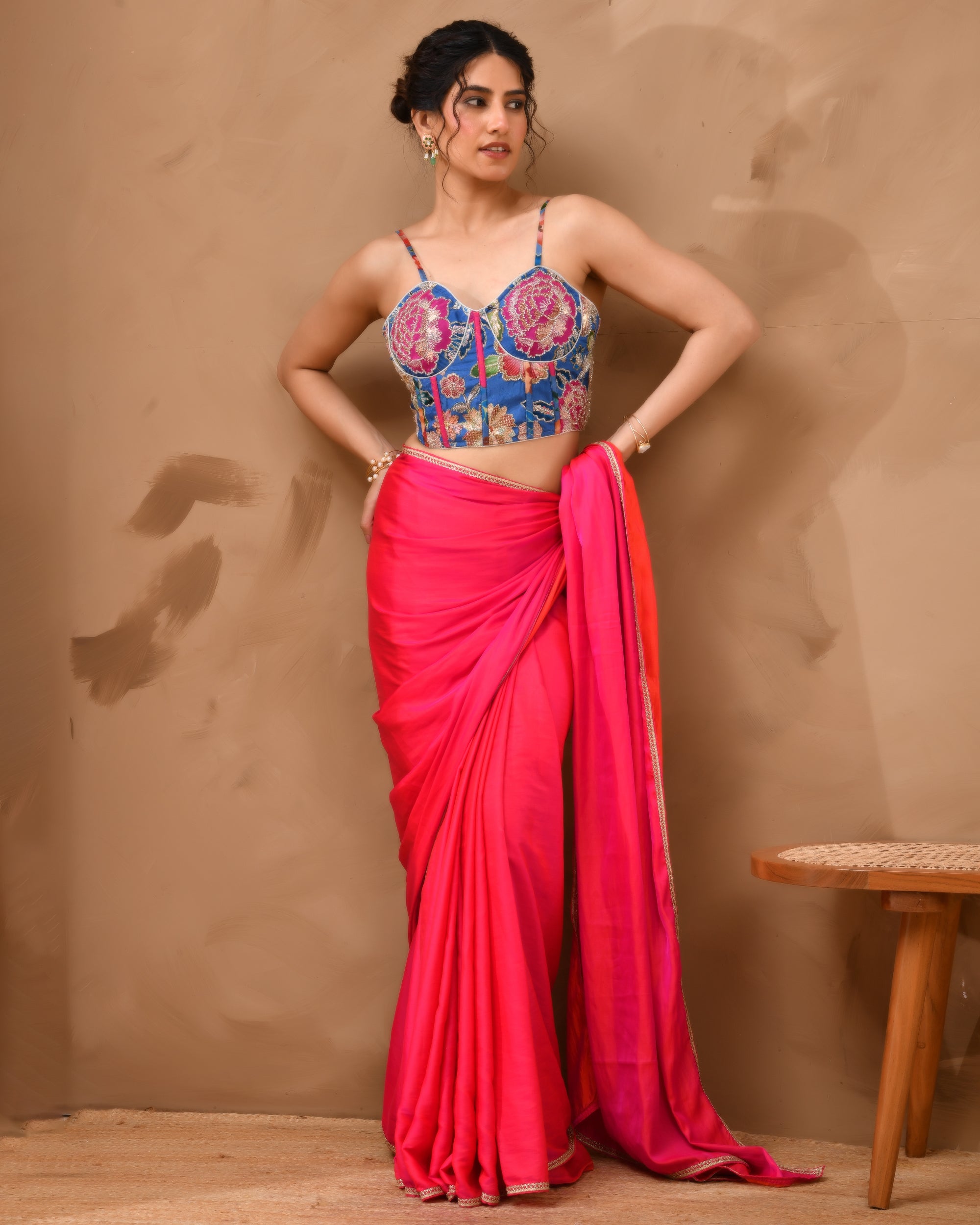 Organza Floral Handwork Corset Style Blue Blouse