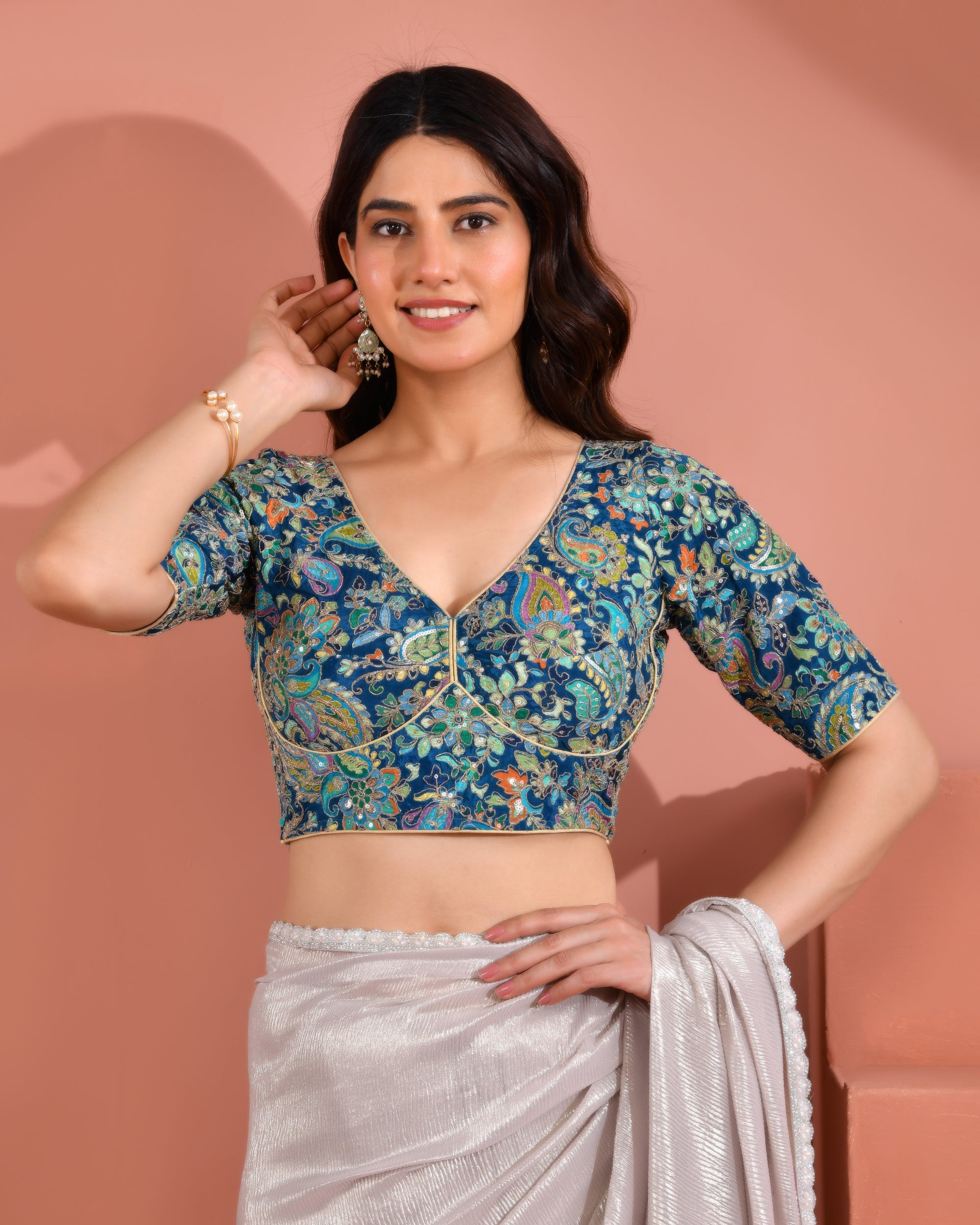 Position Print Embroidered Sabyasachi Style Teal Blouse