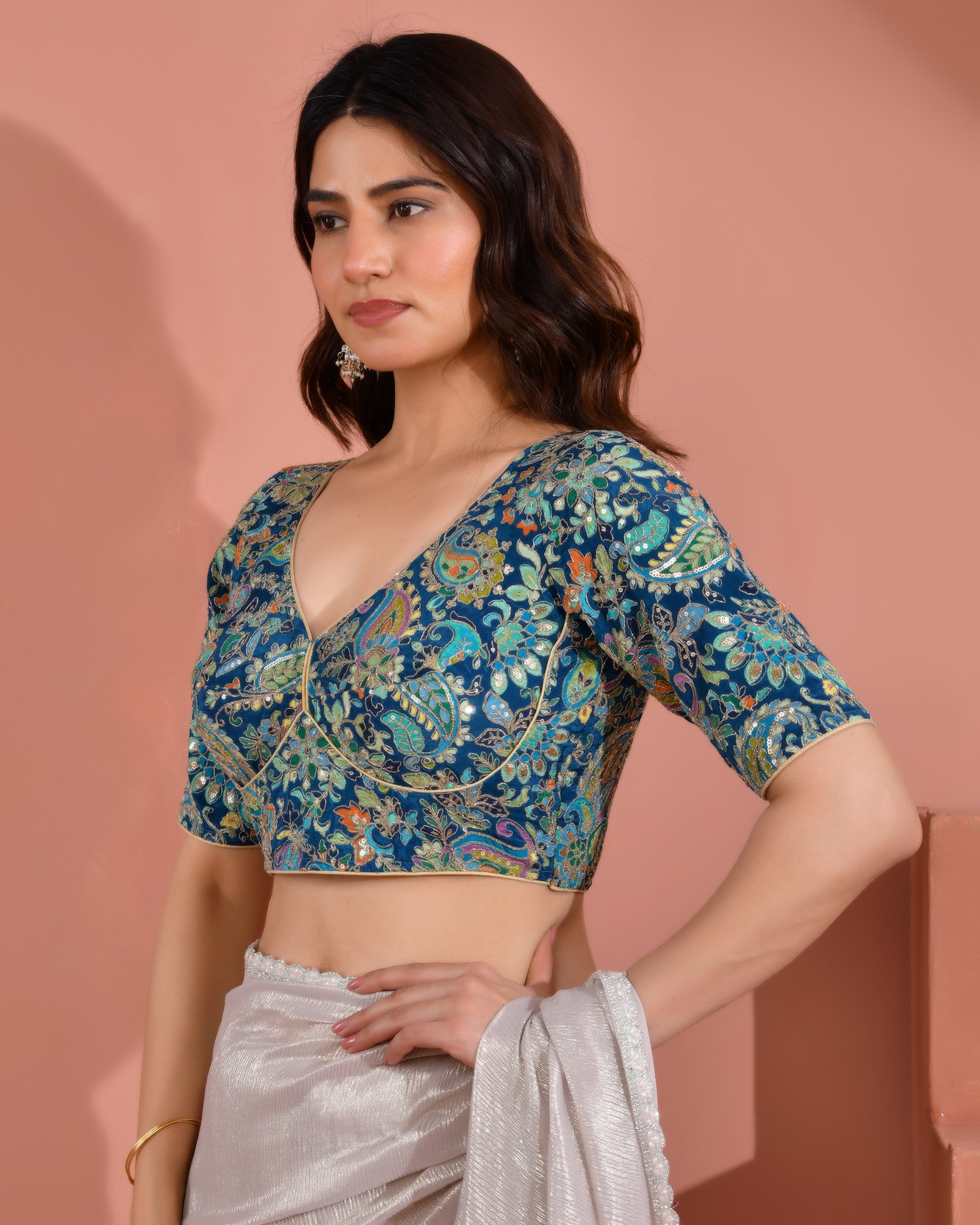 Position Print Embroidered Sabyasachi Style Teal Blouse