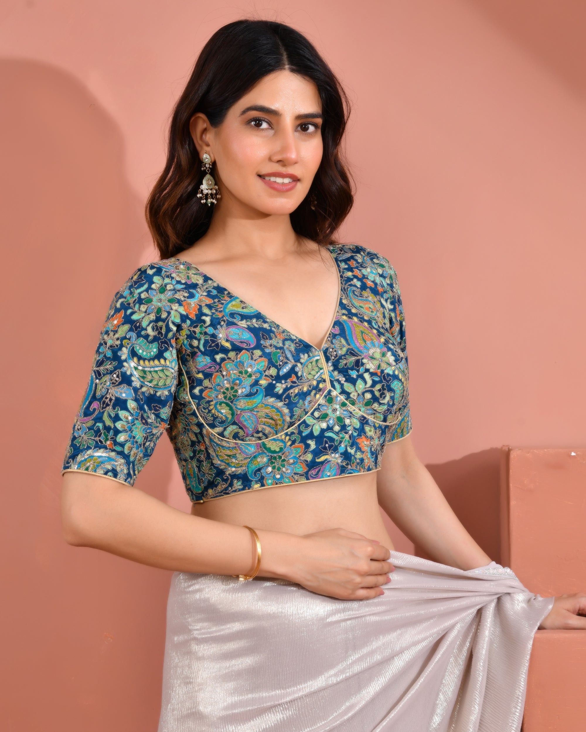 Position Print Embroidered Sabyasachi Style Teal Blouse