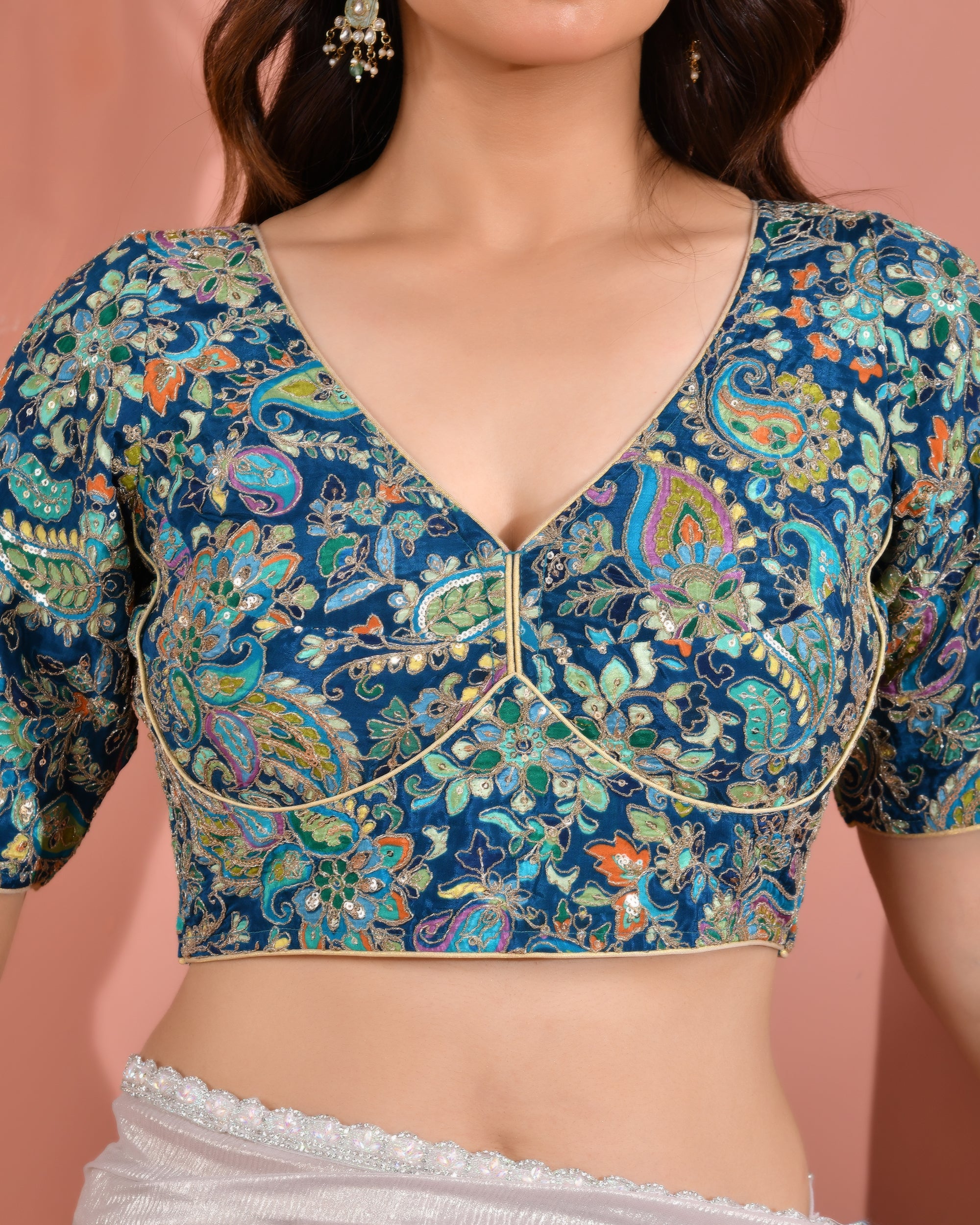 Position Print Embroidered Sabyasachi Style Teal Blouse